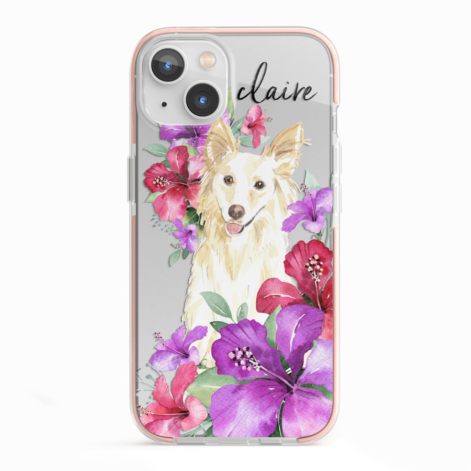 Personalised White Collie iPhone 13 TPU Impact Case with Pink Edges