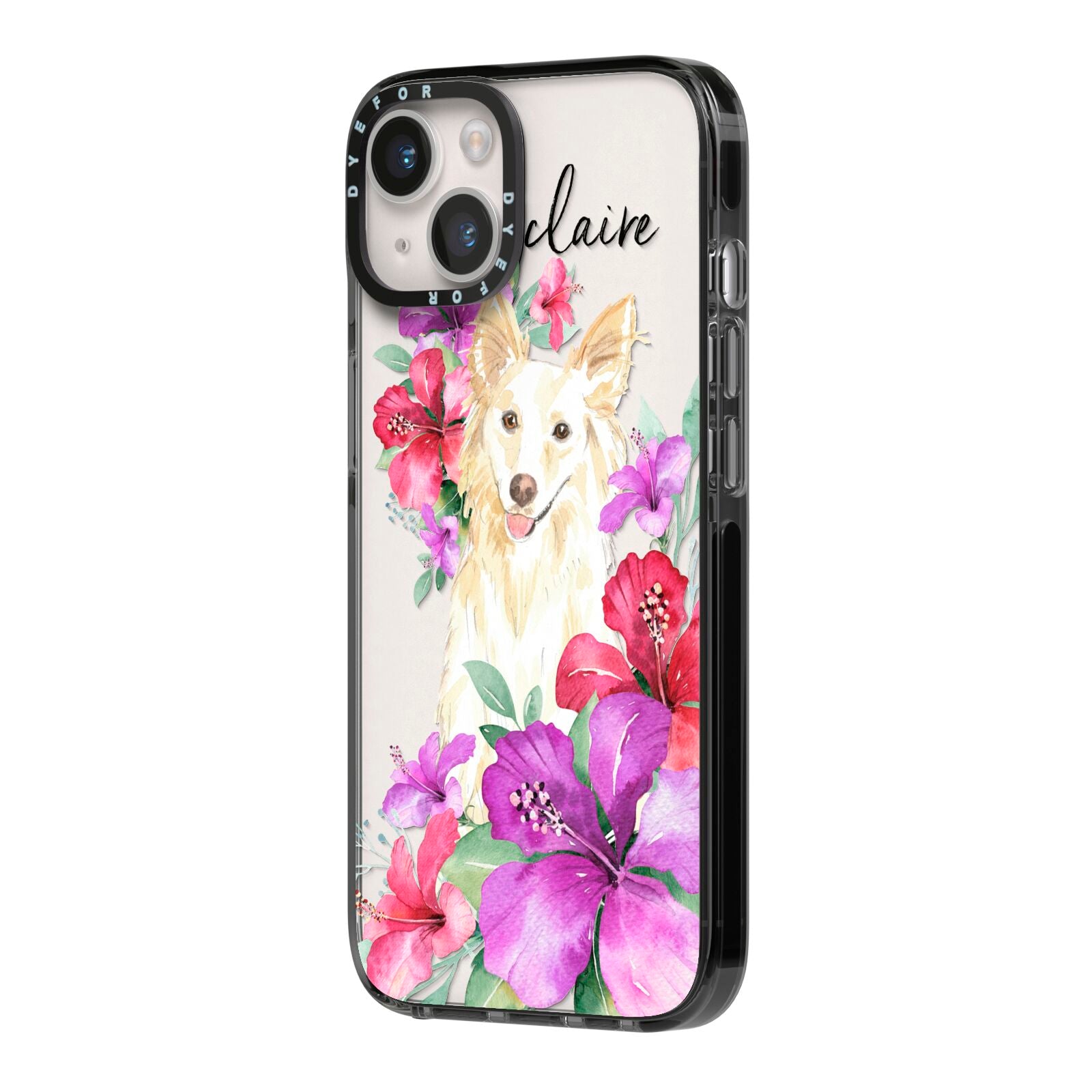 Personalised White Collie iPhone 14 Black Impact Case Side Angle on Silver phone