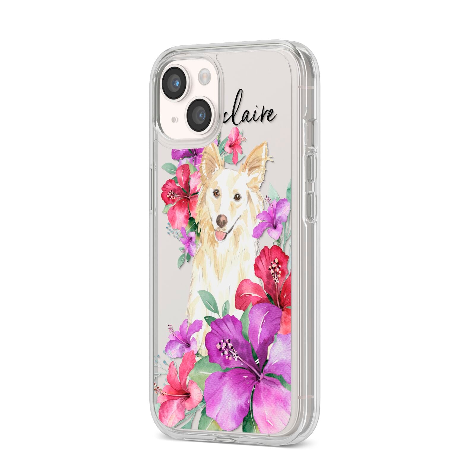 Personalised White Collie iPhone 14 Clear Tough Case Starlight Angled Image