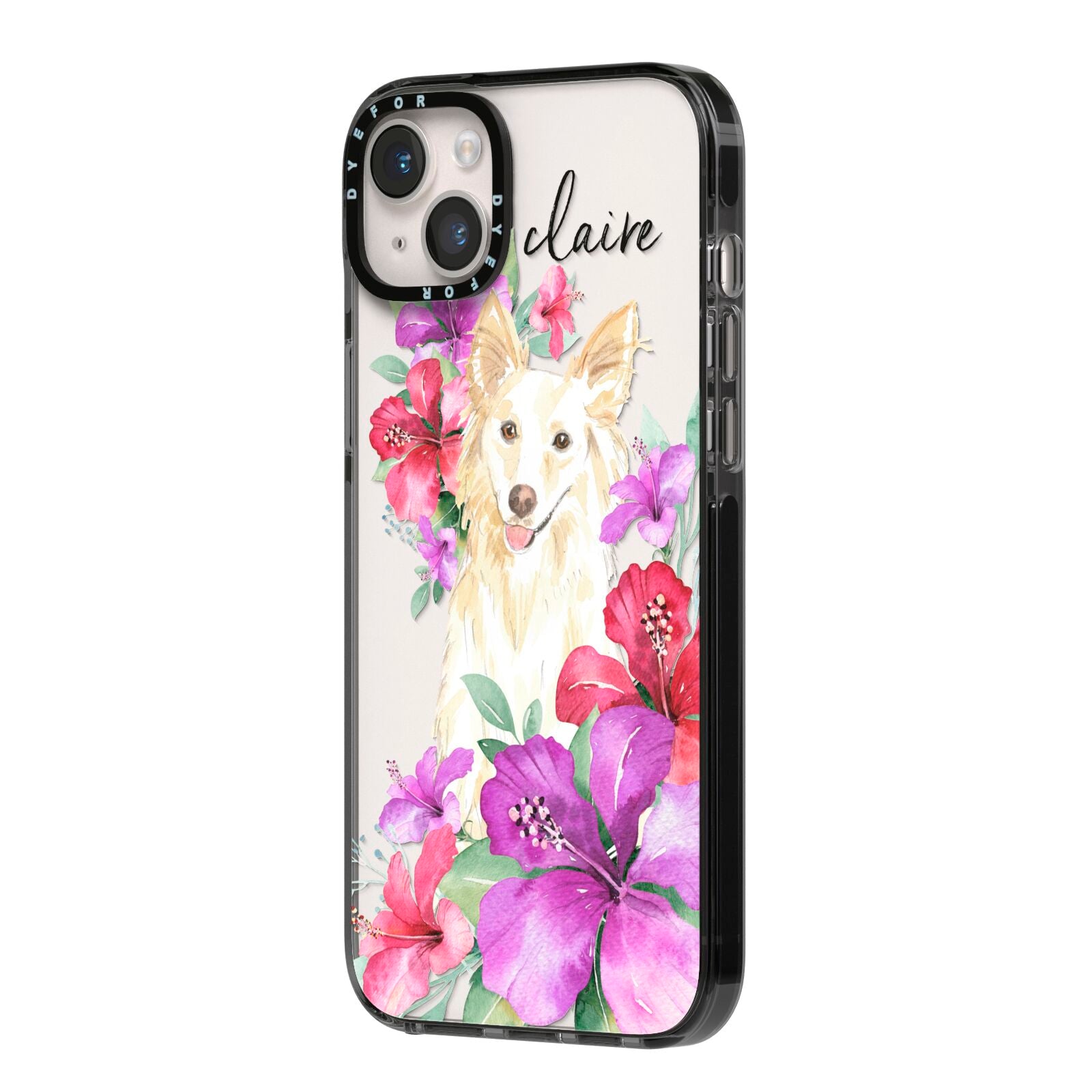 Personalised White Collie iPhone 14 Plus Black Impact Case Side Angle on Silver phone