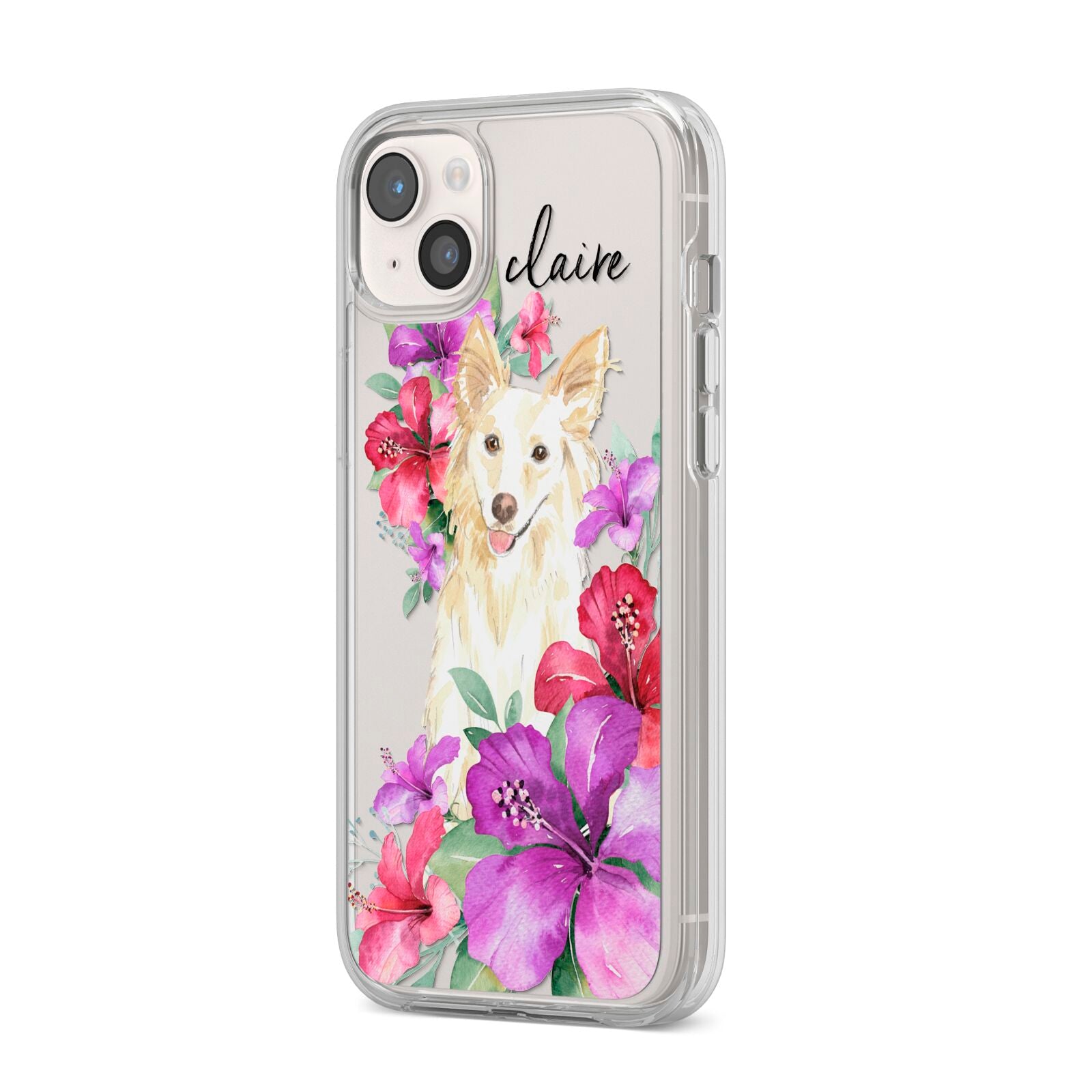 Personalised White Collie iPhone 14 Plus Clear Tough Case Starlight Angled Image