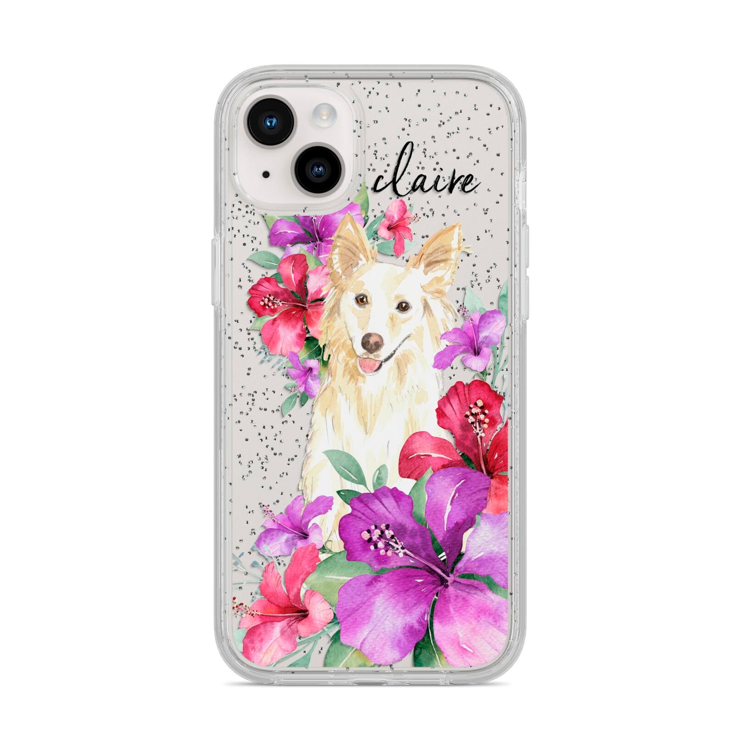Personalised White Collie iPhone 14 Plus Glitter Tough Case Starlight