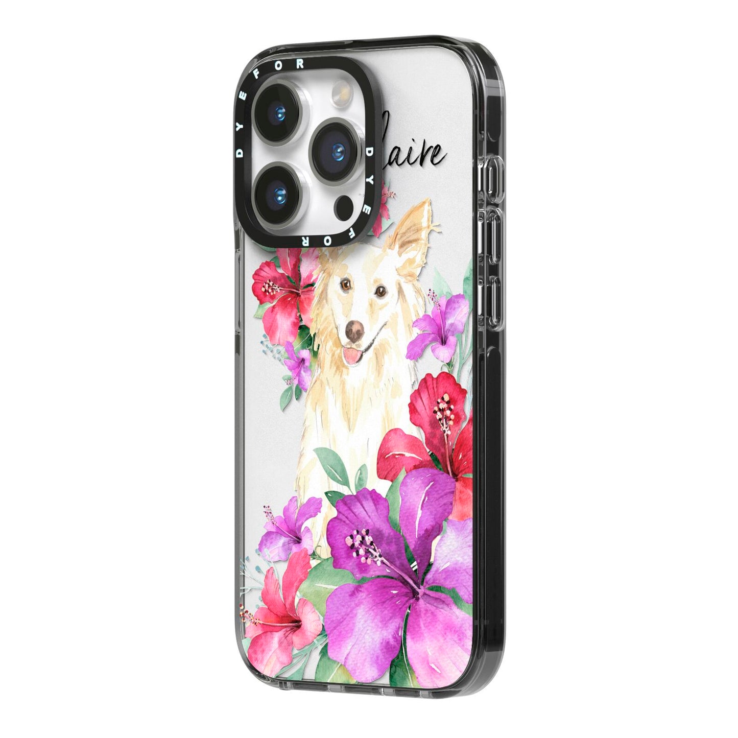 Personalised White Collie iPhone 14 Pro Black Impact Case Side Angle on Silver phone