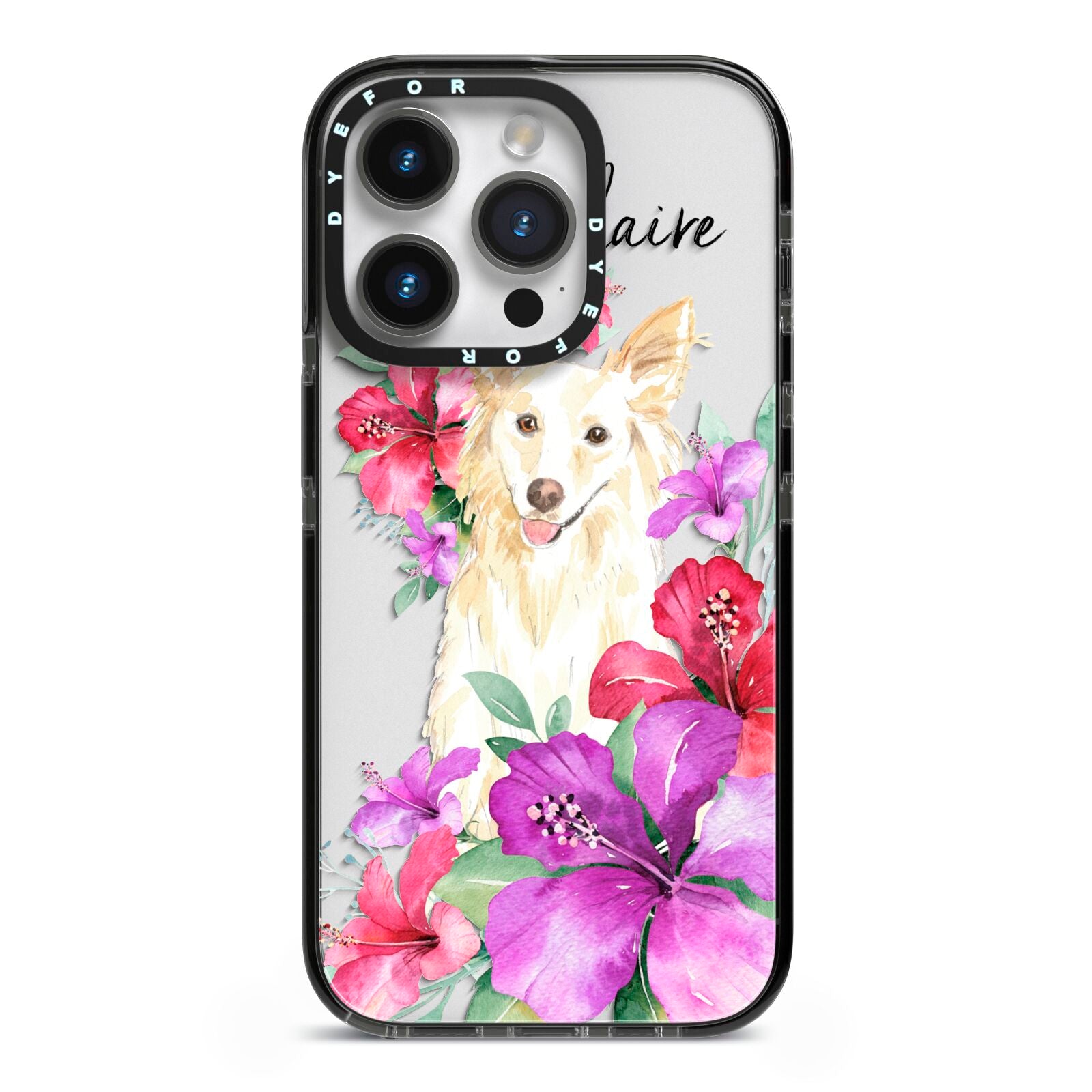 Personalised White Collie iPhone 14 Pro Black Impact Case on Silver phone