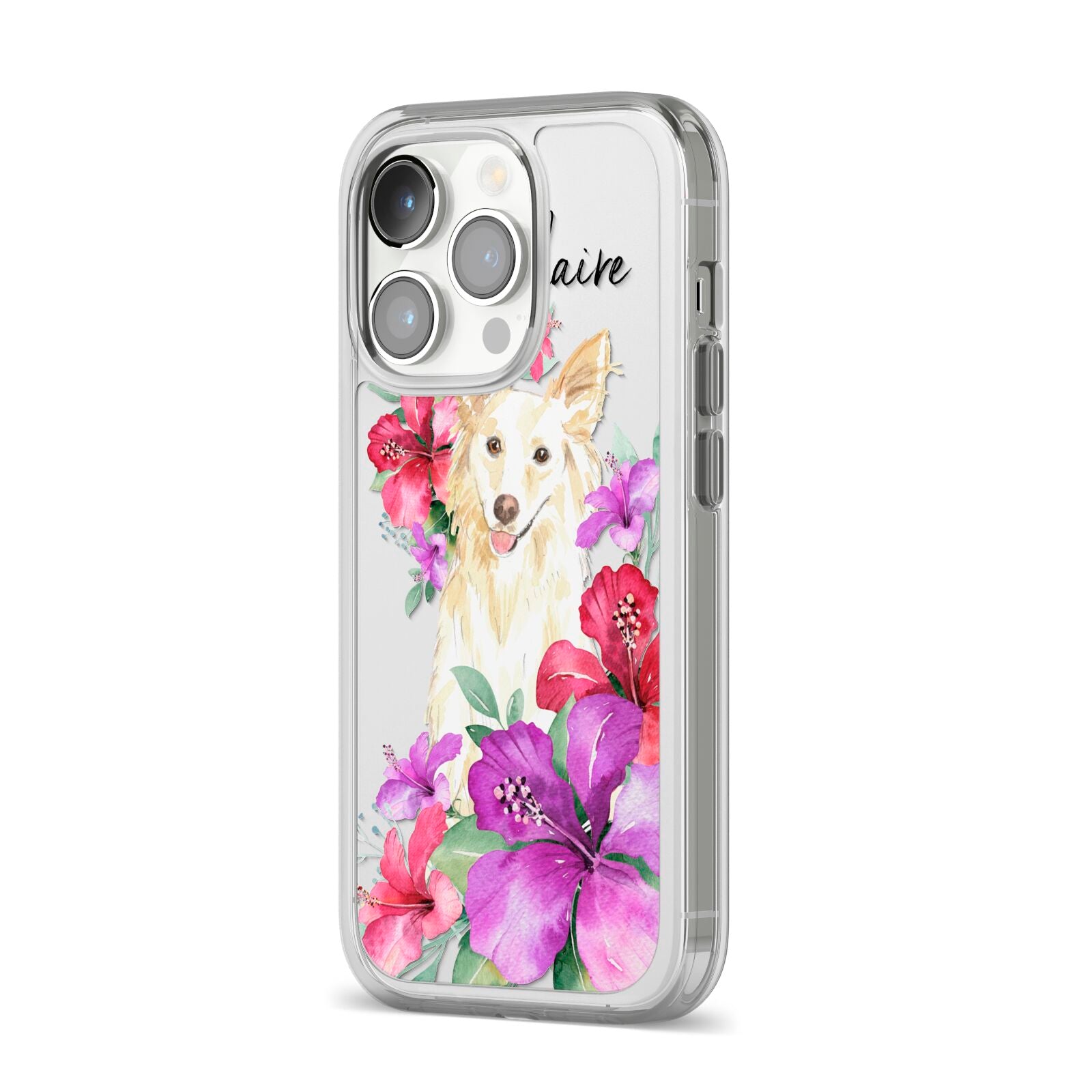 Personalised White Collie iPhone 14 Pro Clear Tough Case Silver Angled Image