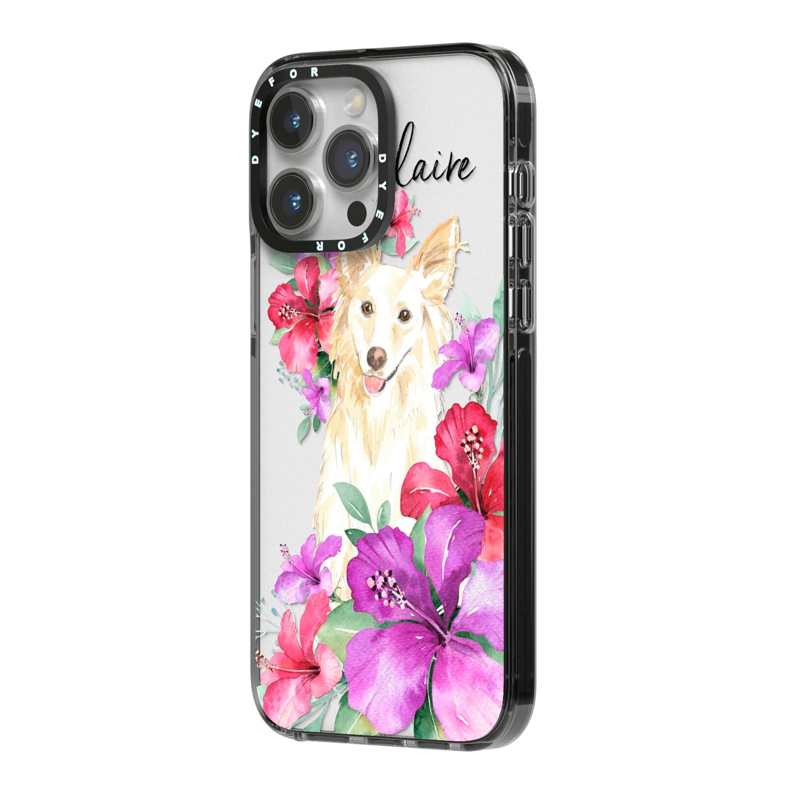 Personalised White Collie iPhone 14 Pro Max Black Impact Case Side Angle on Silver phone