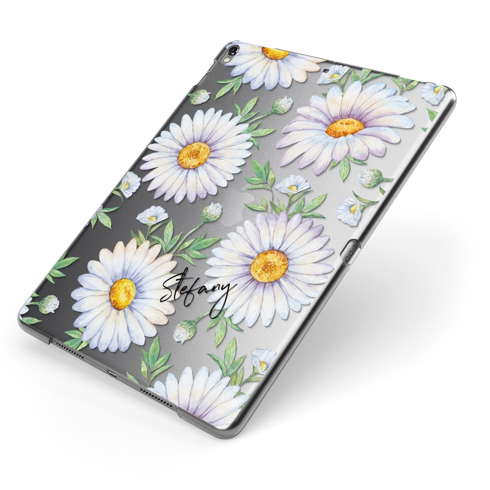 Personalised White Daisy Apple iPad Case on Grey iPad Side View