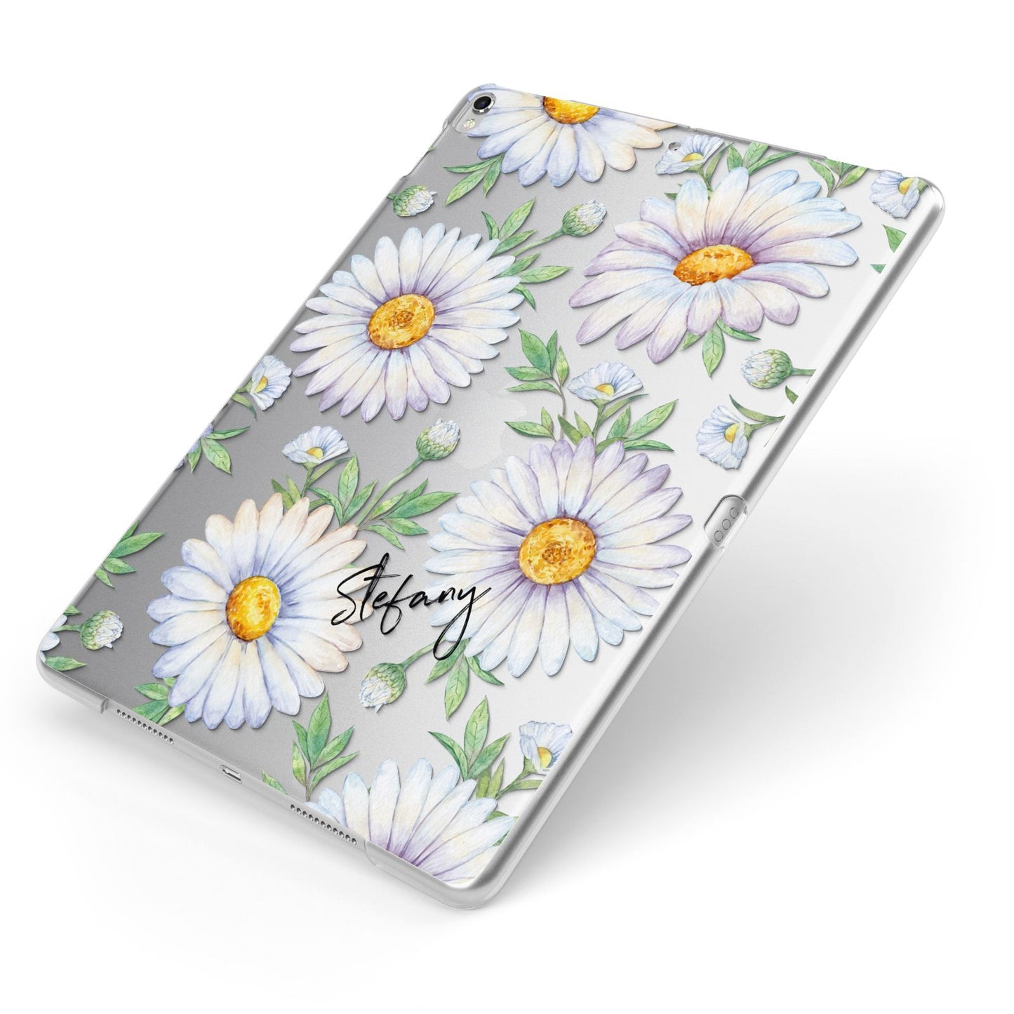 Personalised White Daisy Apple iPad Case on Silver iPad Side View