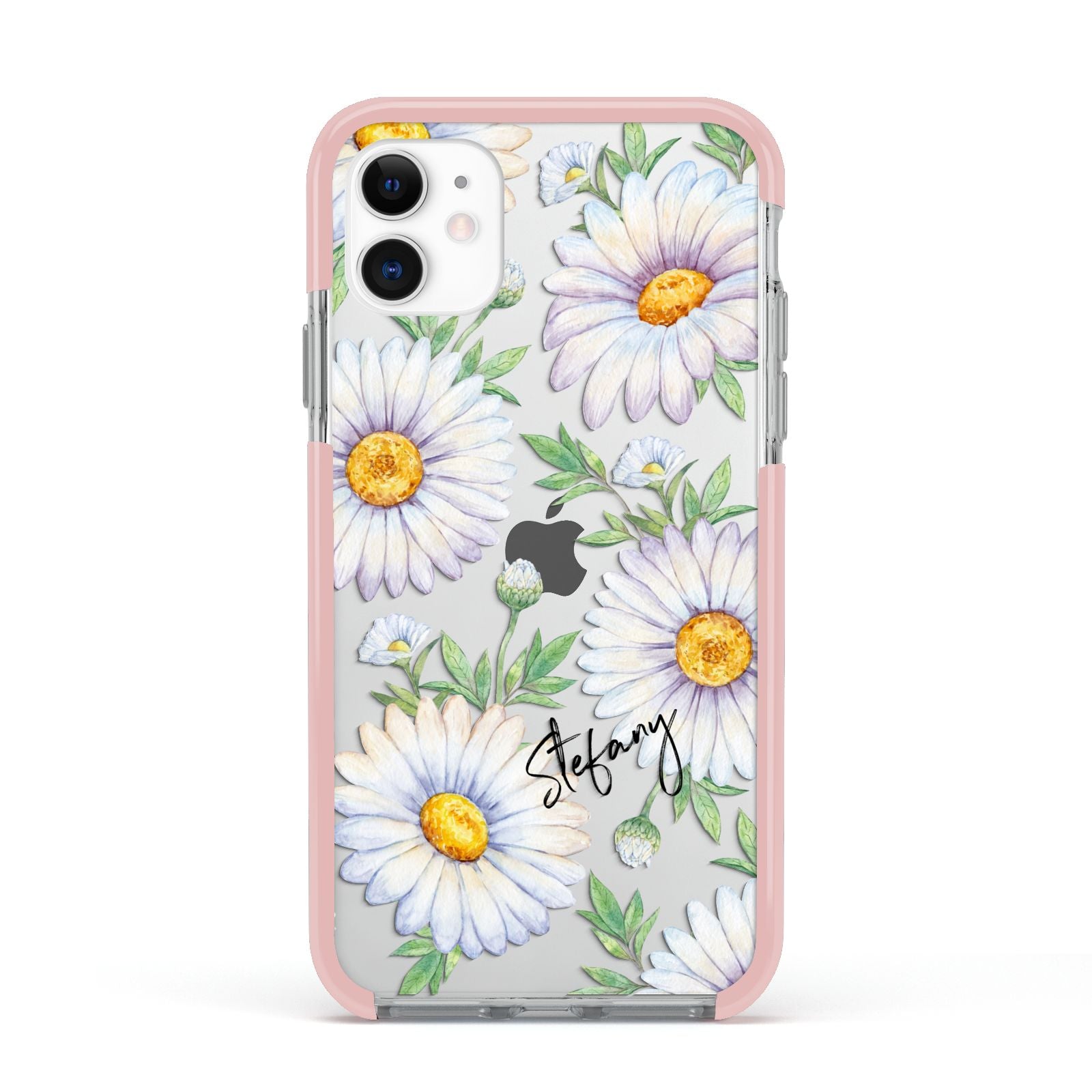 Personalised White Daisy Apple iPhone 11 in White with Pink Impact Case