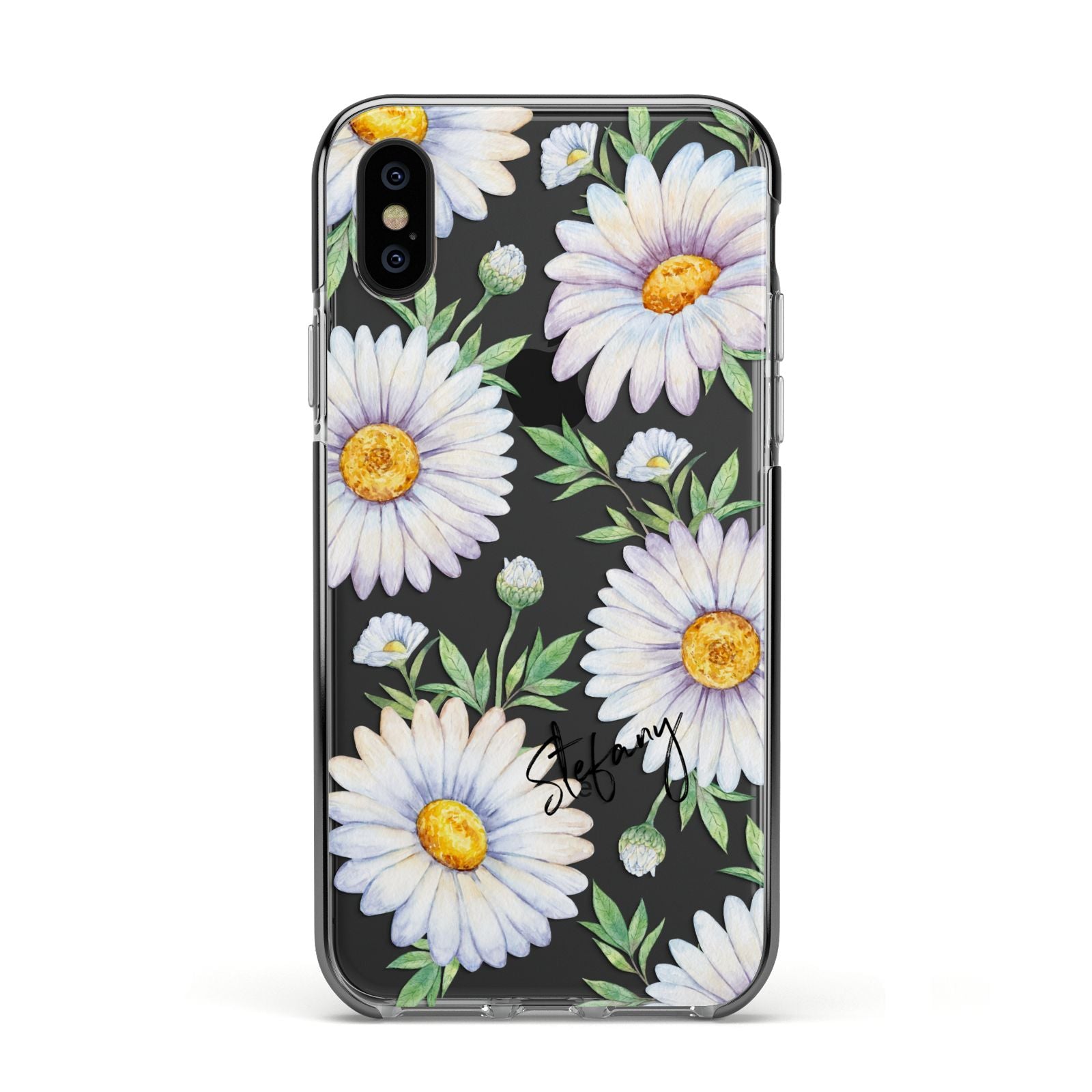 Personalised White Daisy Apple iPhone Xs Impact Case Black Edge on Black Phone
