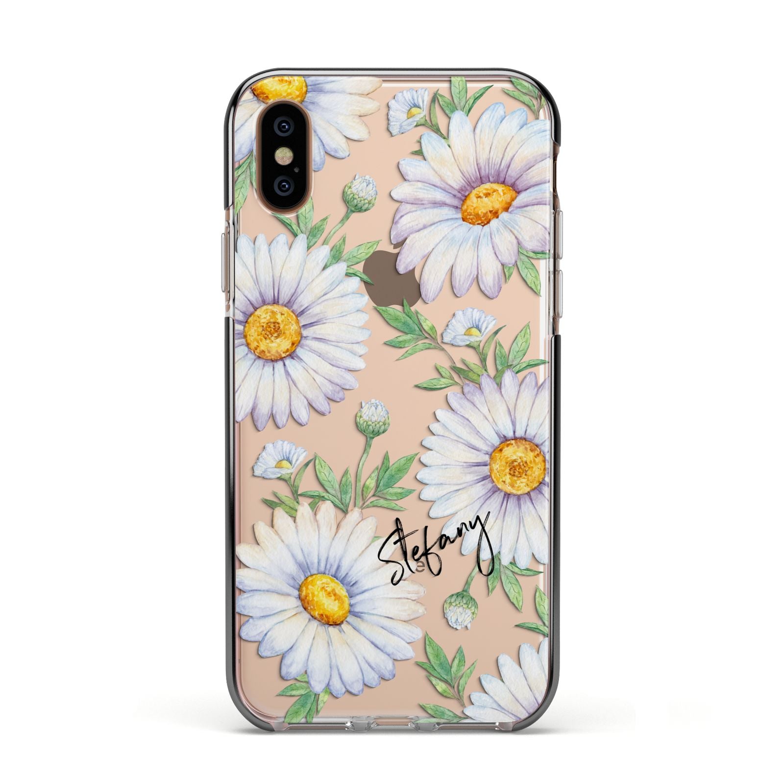 Personalised White Daisy Apple iPhone Xs Impact Case Black Edge on Gold Phone