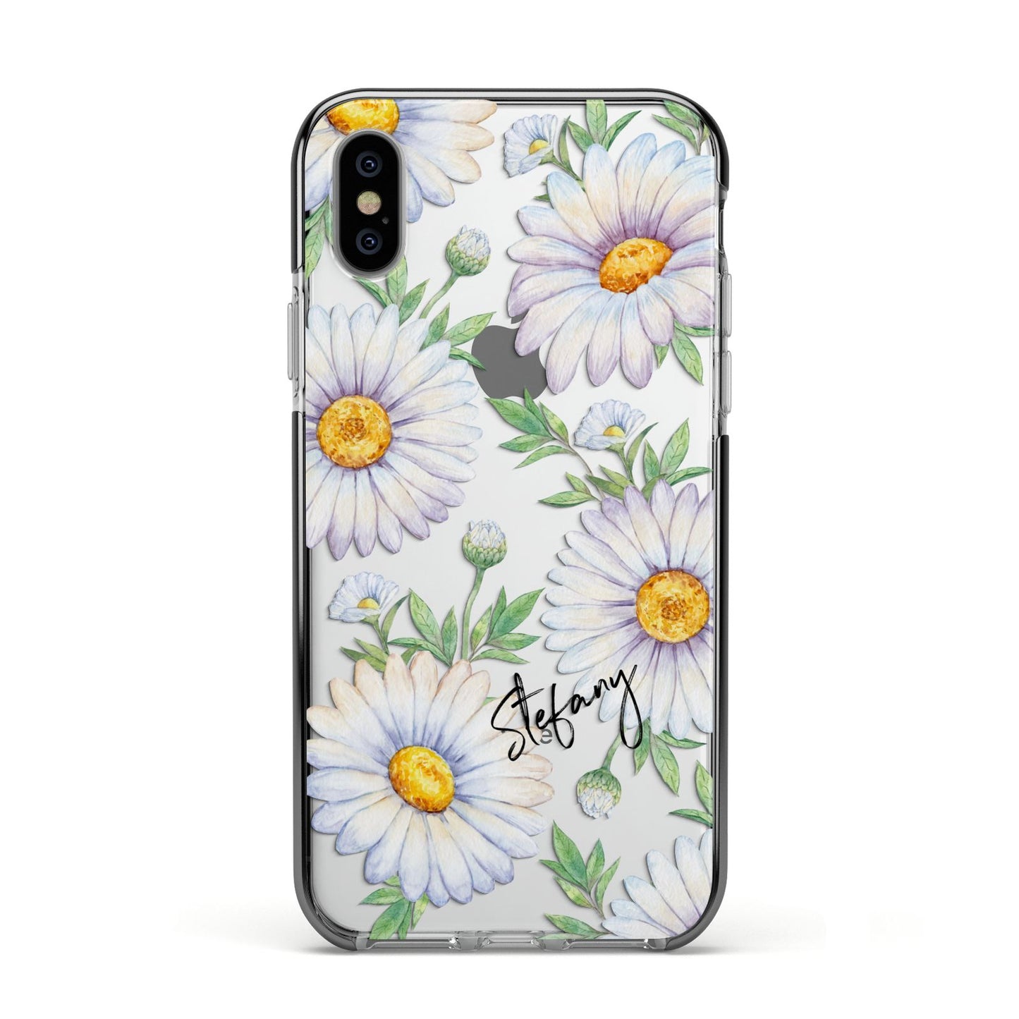 Personalised White Daisy Apple iPhone Xs Impact Case Black Edge on Silver Phone