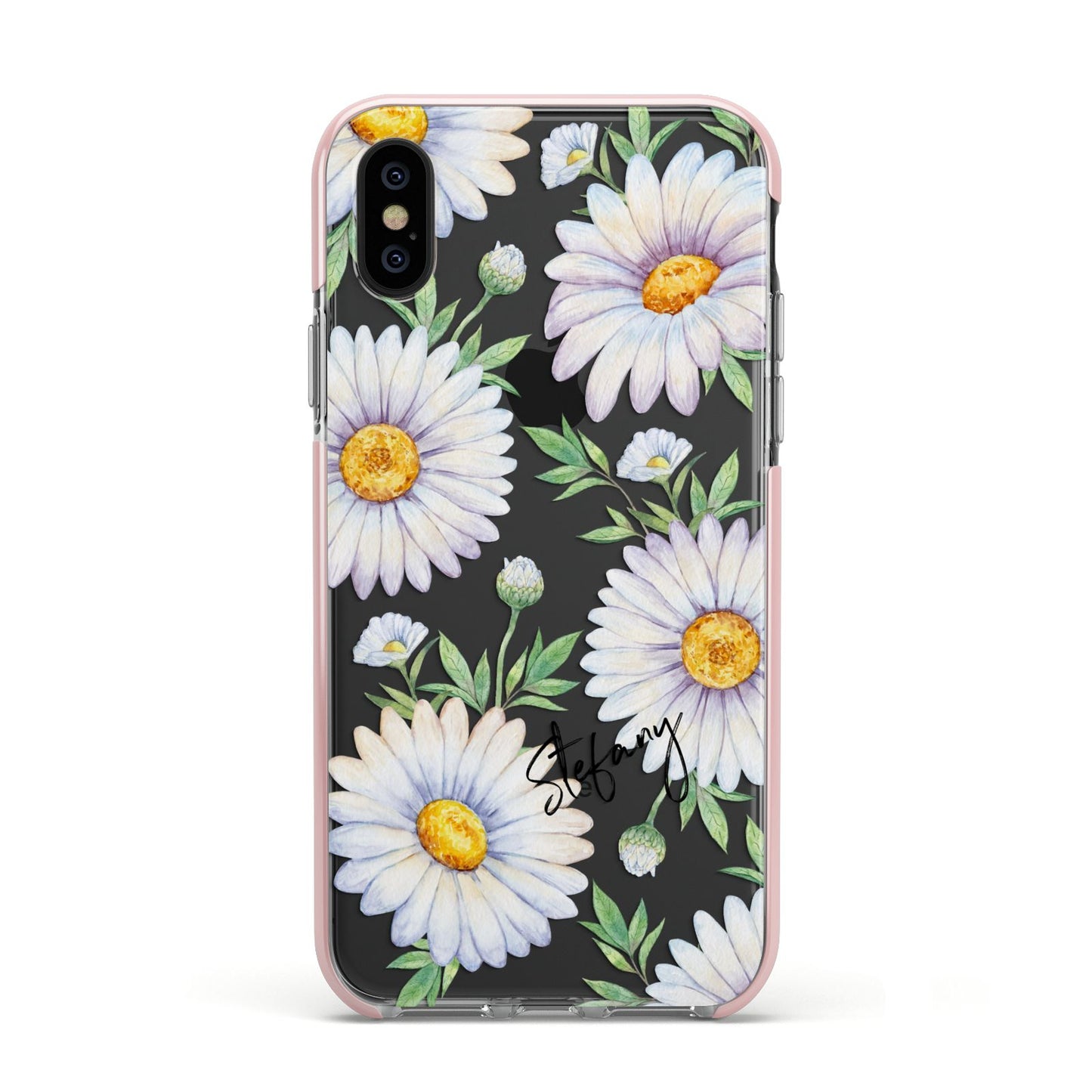 Personalised White Daisy Apple iPhone Xs Impact Case Pink Edge on Black Phone