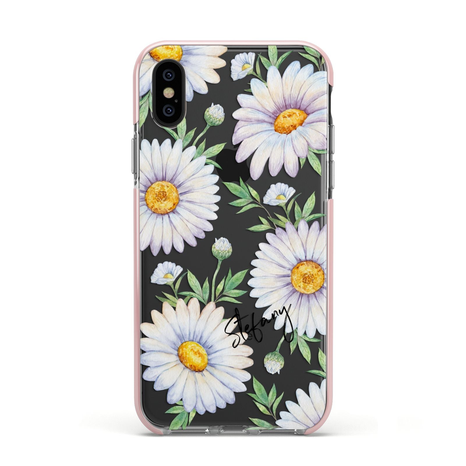 Personalised White Daisy Apple iPhone Xs Impact Case Pink Edge on Black Phone