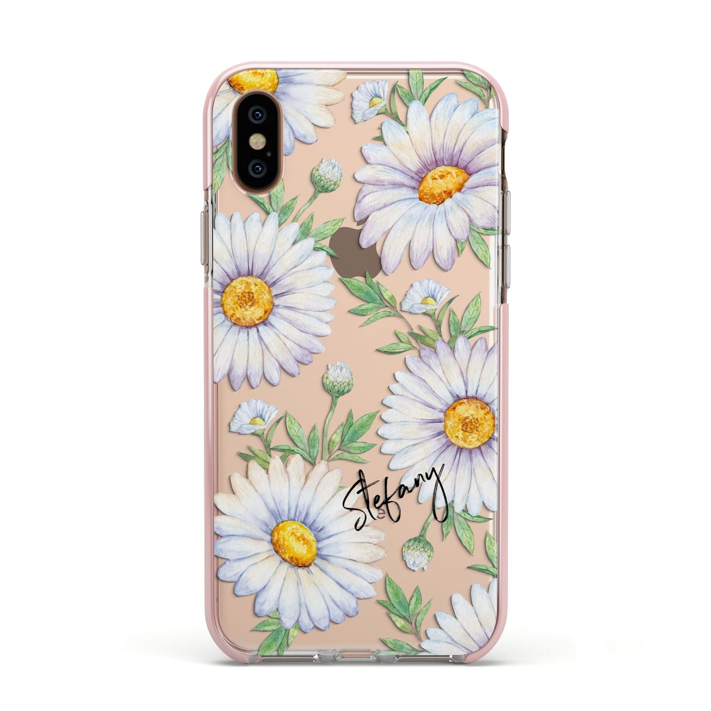 Personalised White Daisy Apple iPhone Xs Impact Case Pink Edge on Gold Phone