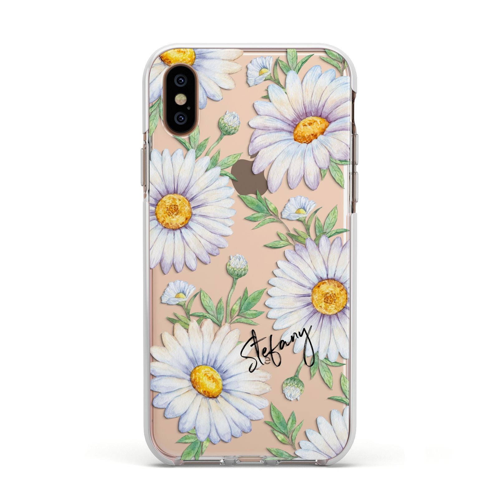 Personalised White Daisy Apple iPhone Xs Impact Case White Edge on Gold Phone