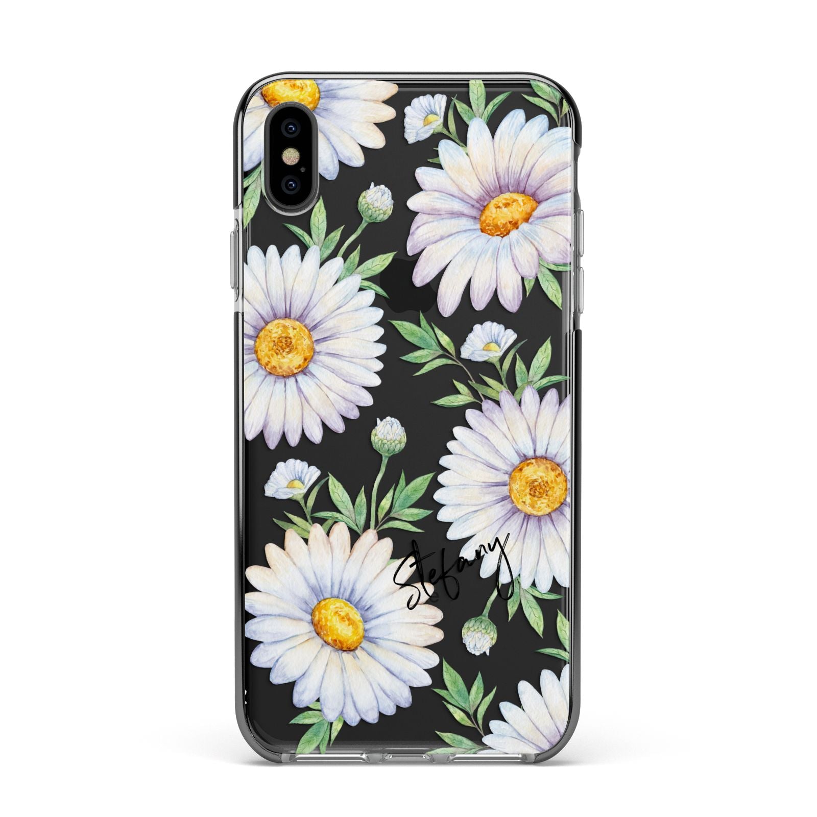 Personalised White Daisy Apple iPhone Xs Max Impact Case Black Edge on Black Phone