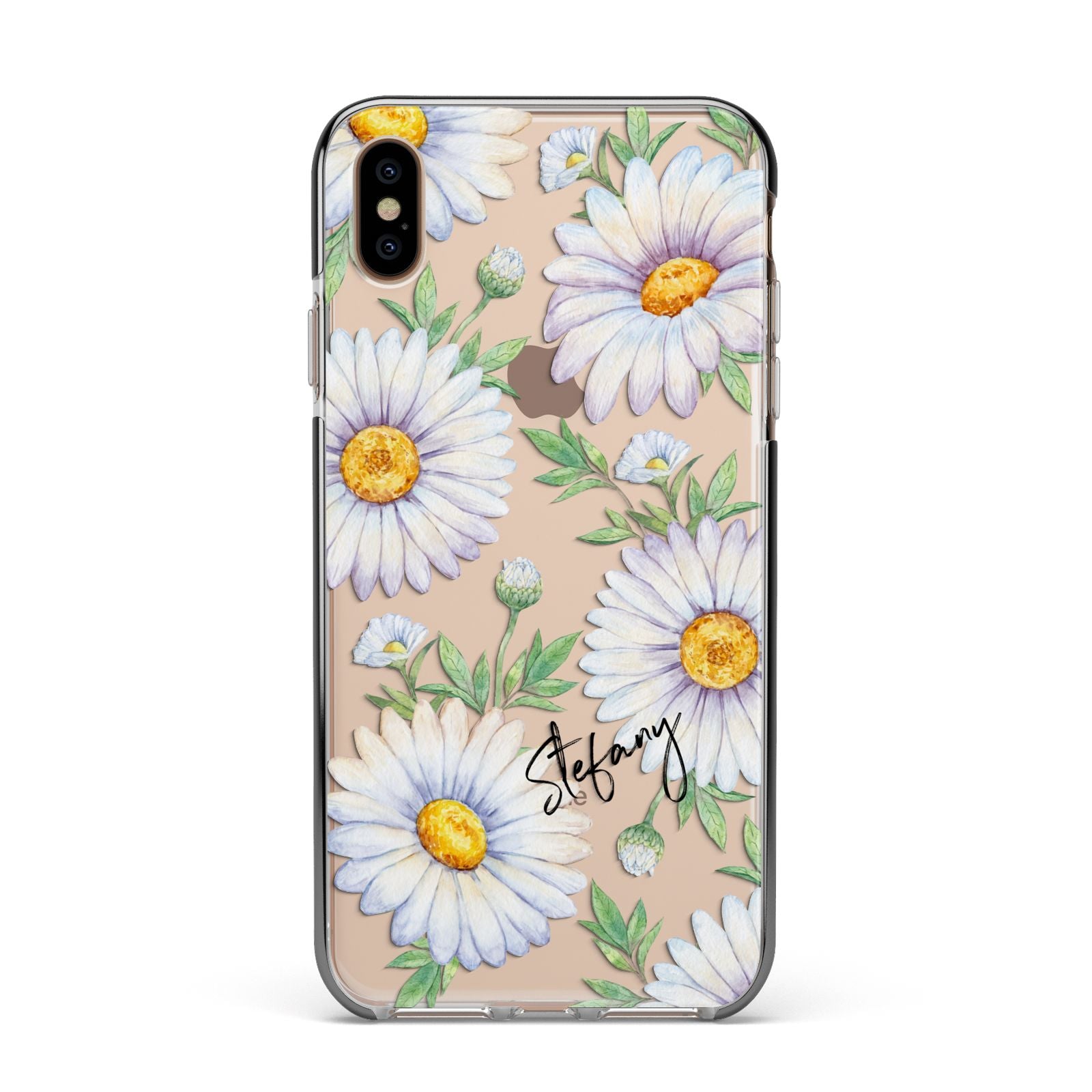 Personalised White Daisy Apple iPhone Xs Max Impact Case Black Edge on Gold Phone