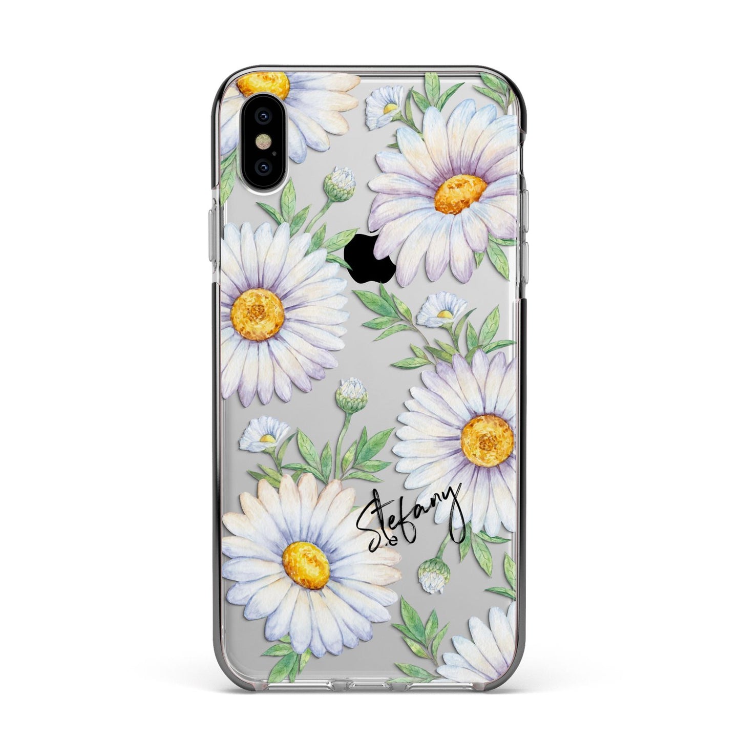 Personalised White Daisy Apple iPhone Xs Max Impact Case Black Edge on Silver Phone