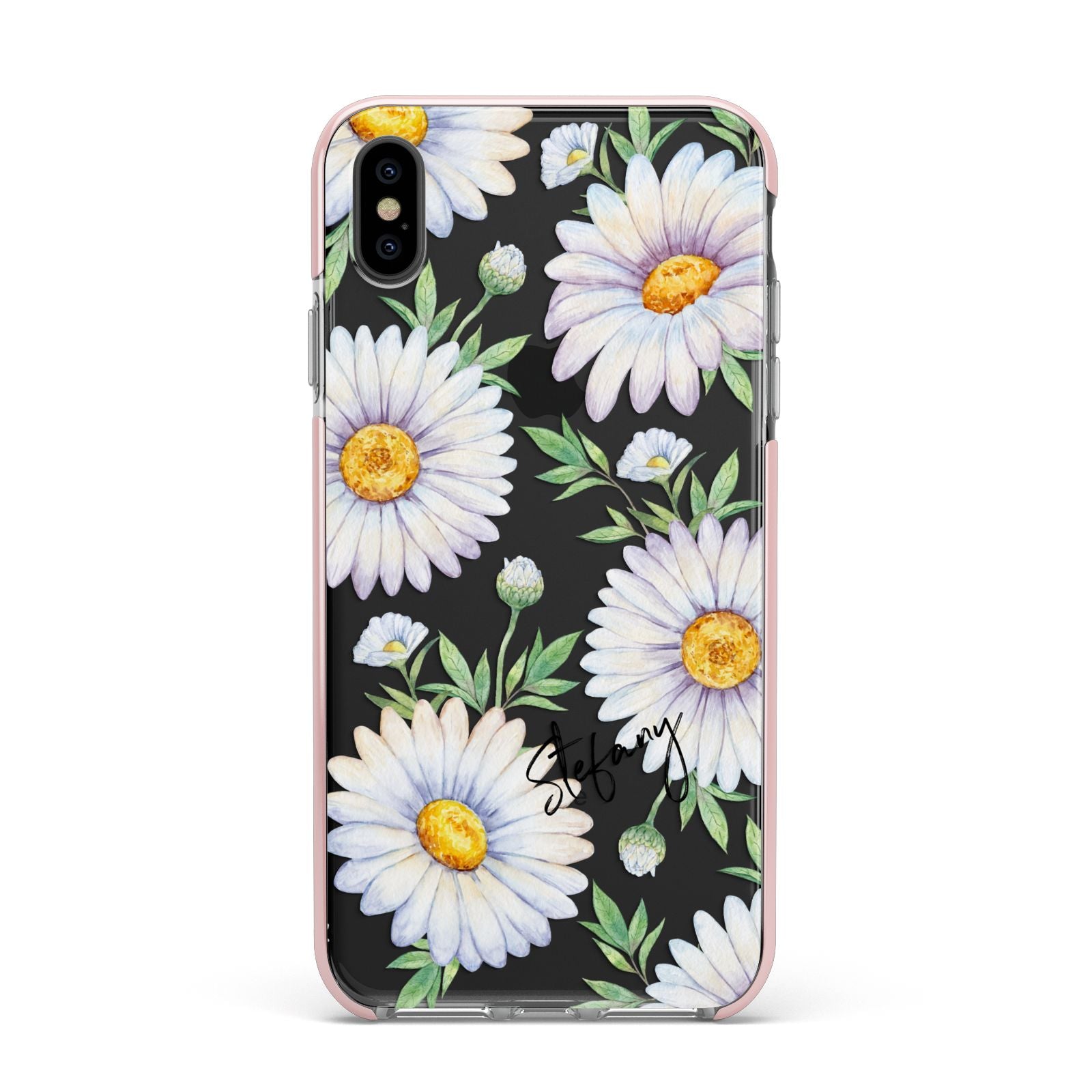 Personalised White Daisy Apple iPhone Xs Max Impact Case Pink Edge on Black Phone