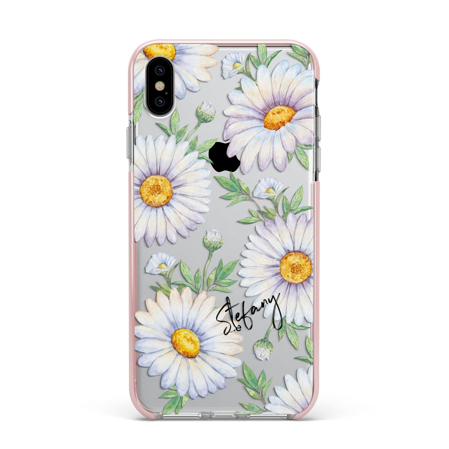 Personalised White Daisy Apple iPhone Xs Max Impact Case Pink Edge on Silver Phone