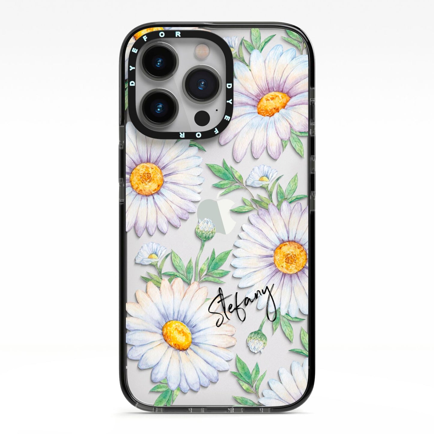 Personalised White Daisy iPhone 13 Pro Black Impact Case on Silver phone