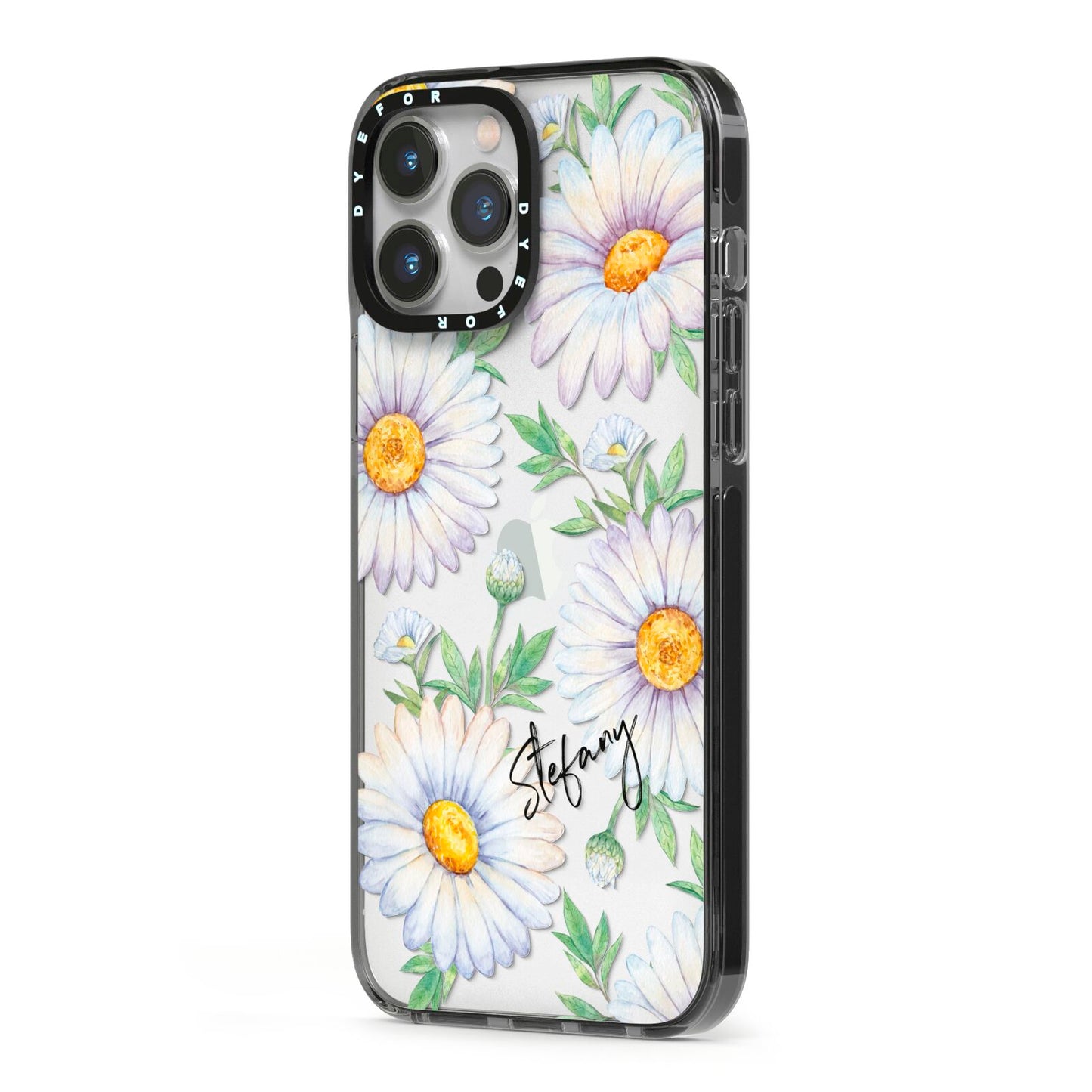 Personalised White Daisy iPhone 13 Pro Max Black Impact Case Side Angle on Silver phone