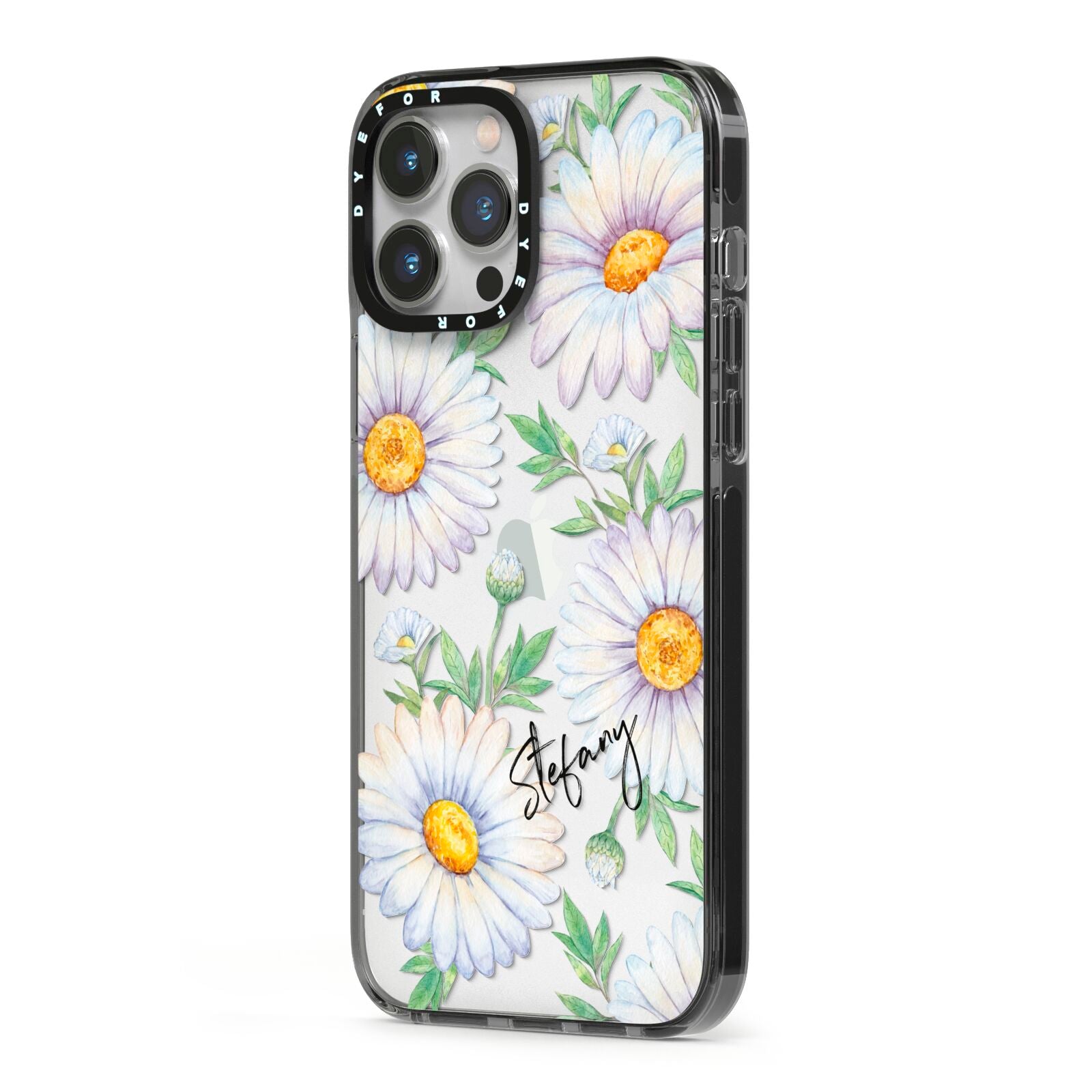 Personalised White Daisy iPhone 13 Pro Max Black Impact Case Side Angle on Silver phone