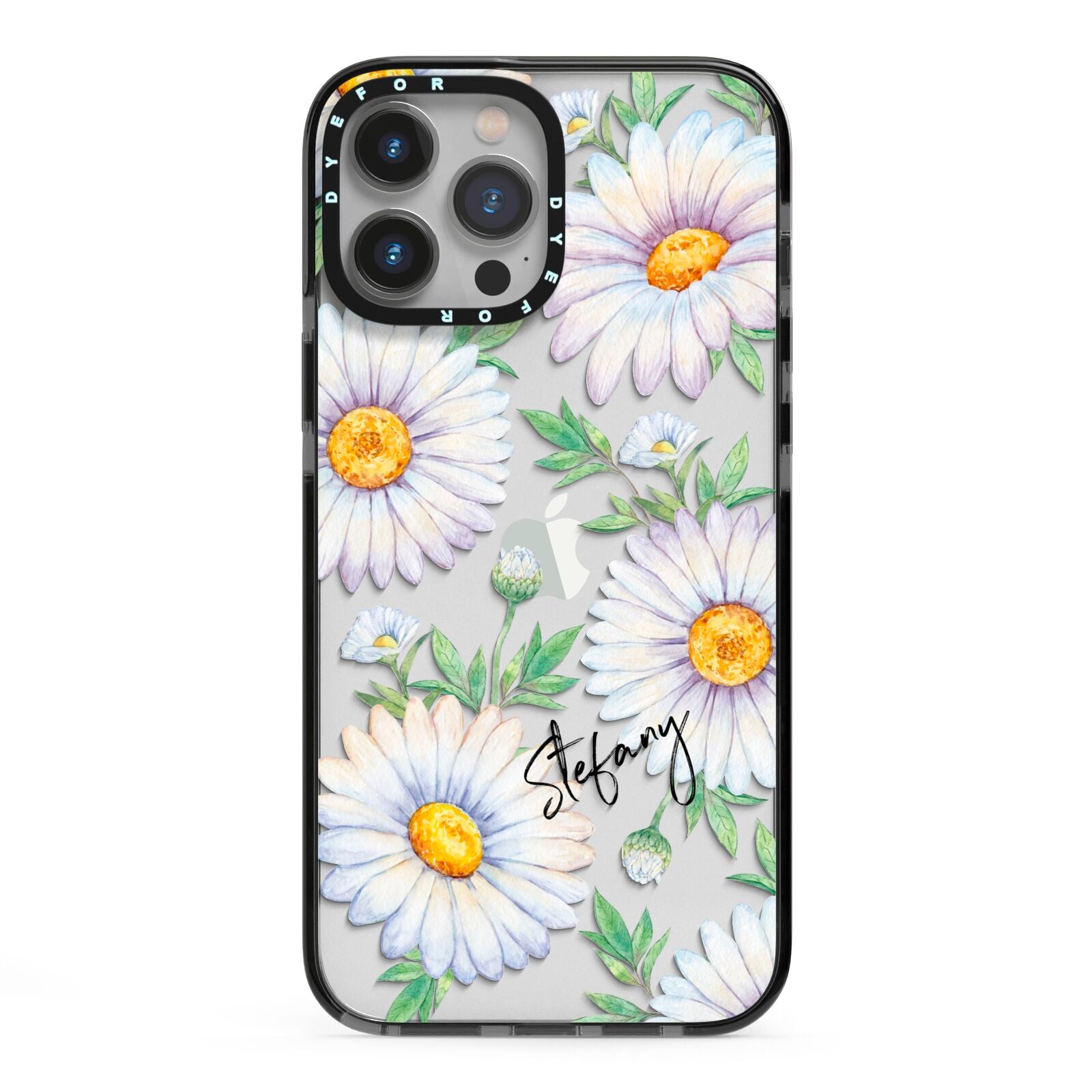 Personalised White Daisy iPhone 13 Pro Max Black Impact Case on Silver phone