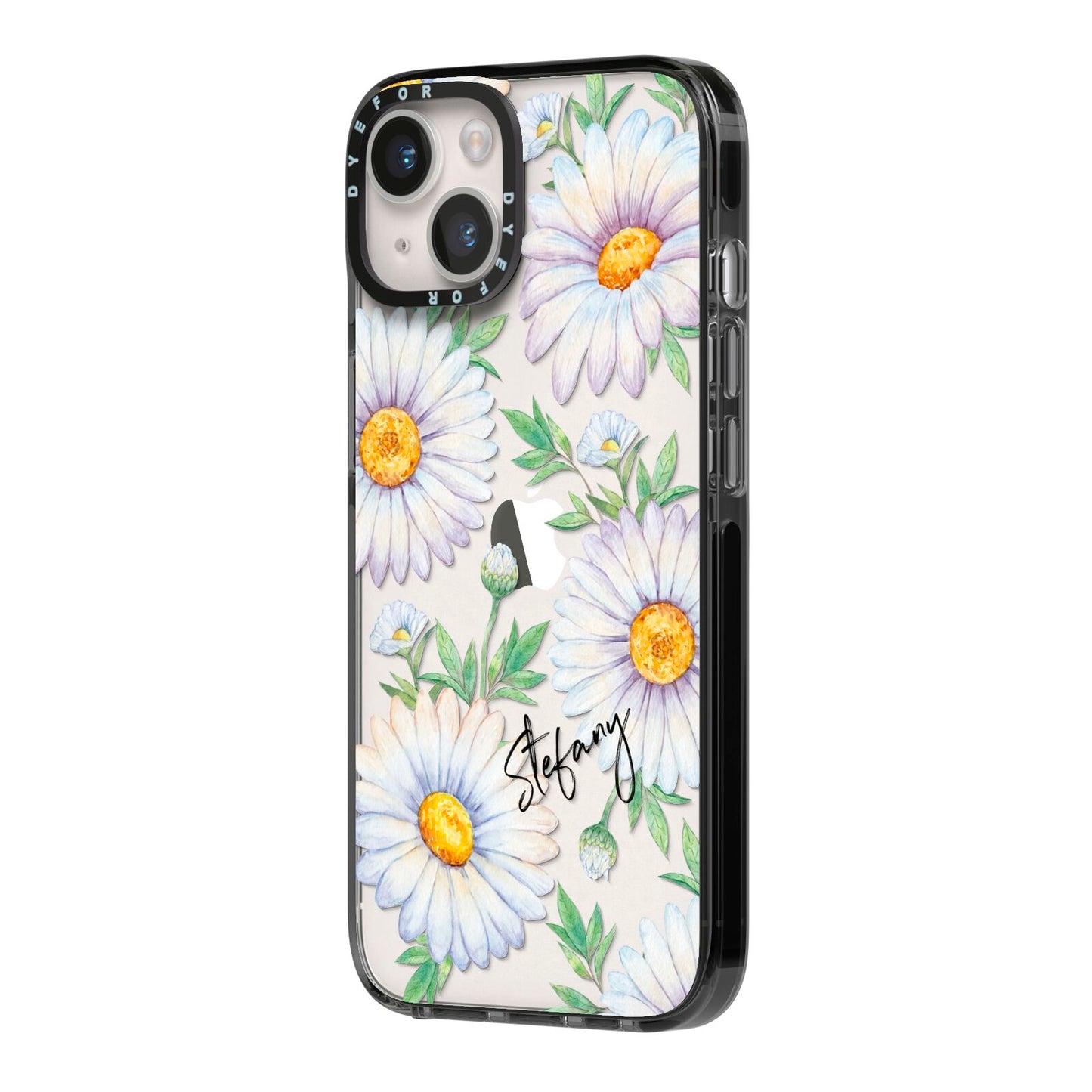 Personalised White Daisy iPhone 14 Black Impact Case Side Angle on Silver phone