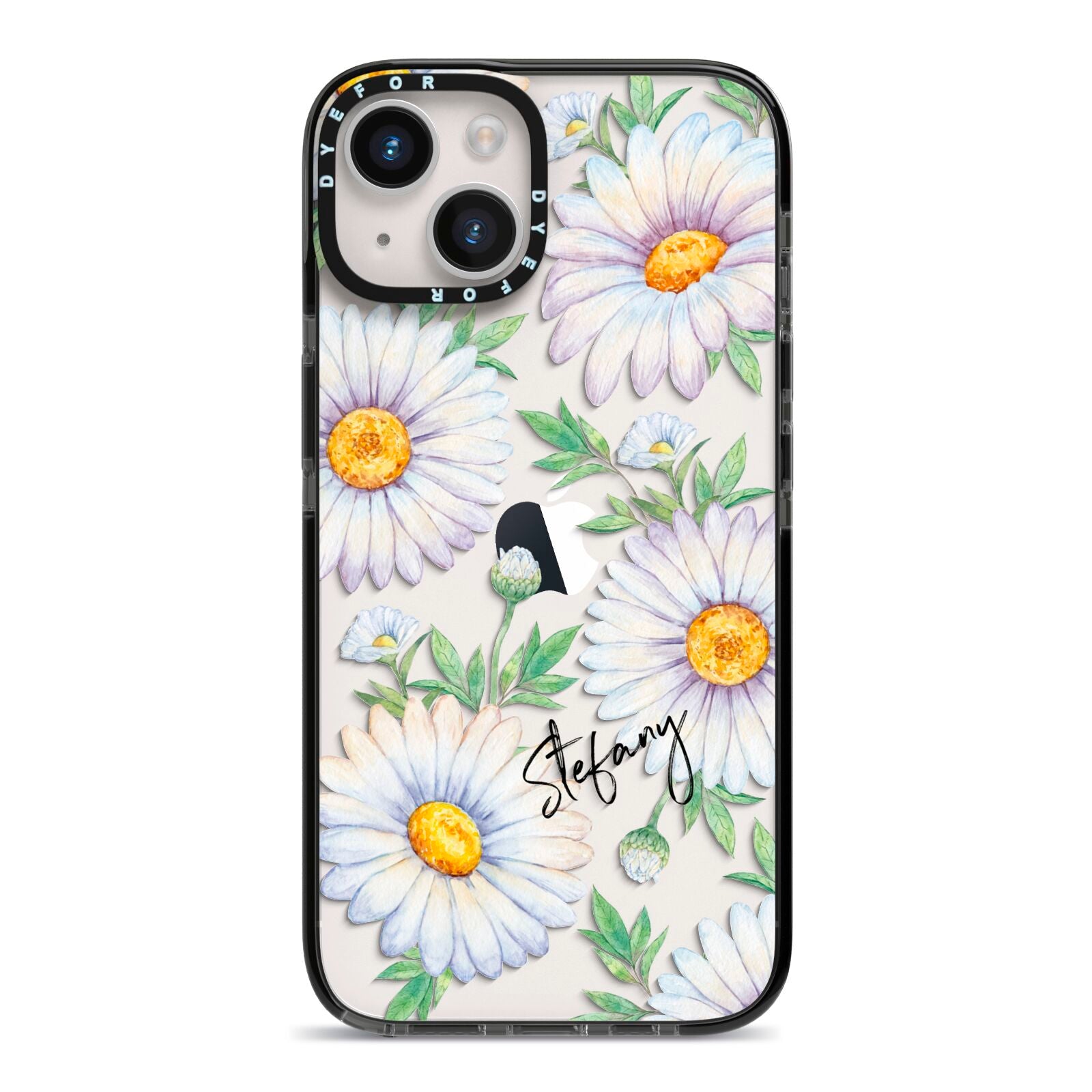 Personalised White Daisy iPhone 14 Black Impact Case on Silver phone