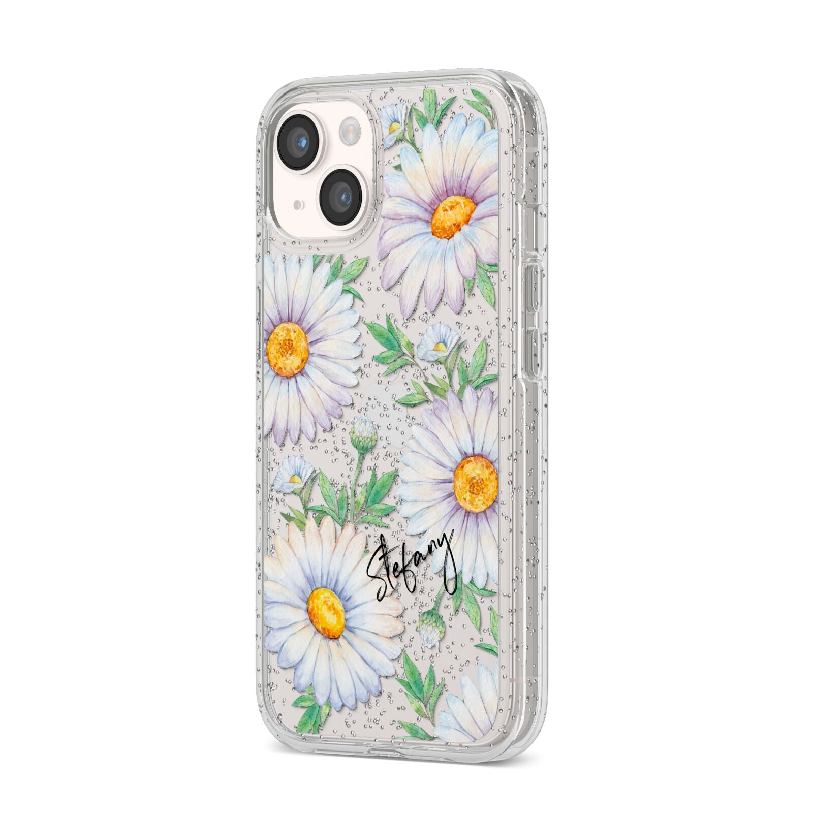 Personalised White Daisy iPhone 14 Glitter Tough Case Starlight Angled Image