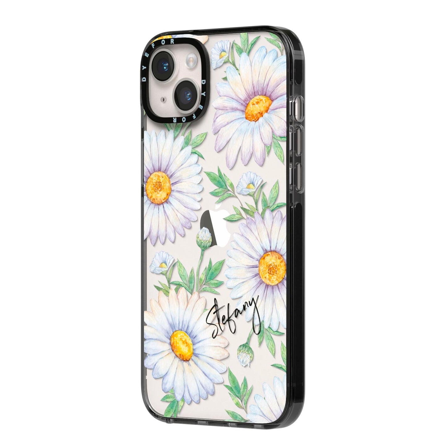Personalised White Daisy iPhone 14 Plus Black Impact Case Side Angle on Silver phone