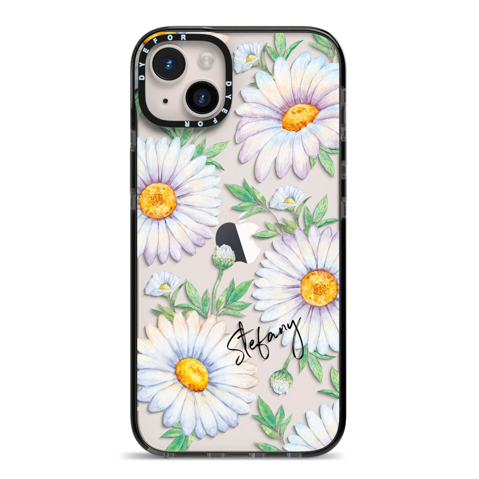 Personalised White Daisy iPhone 14 Plus Black Impact Case on Silver phone