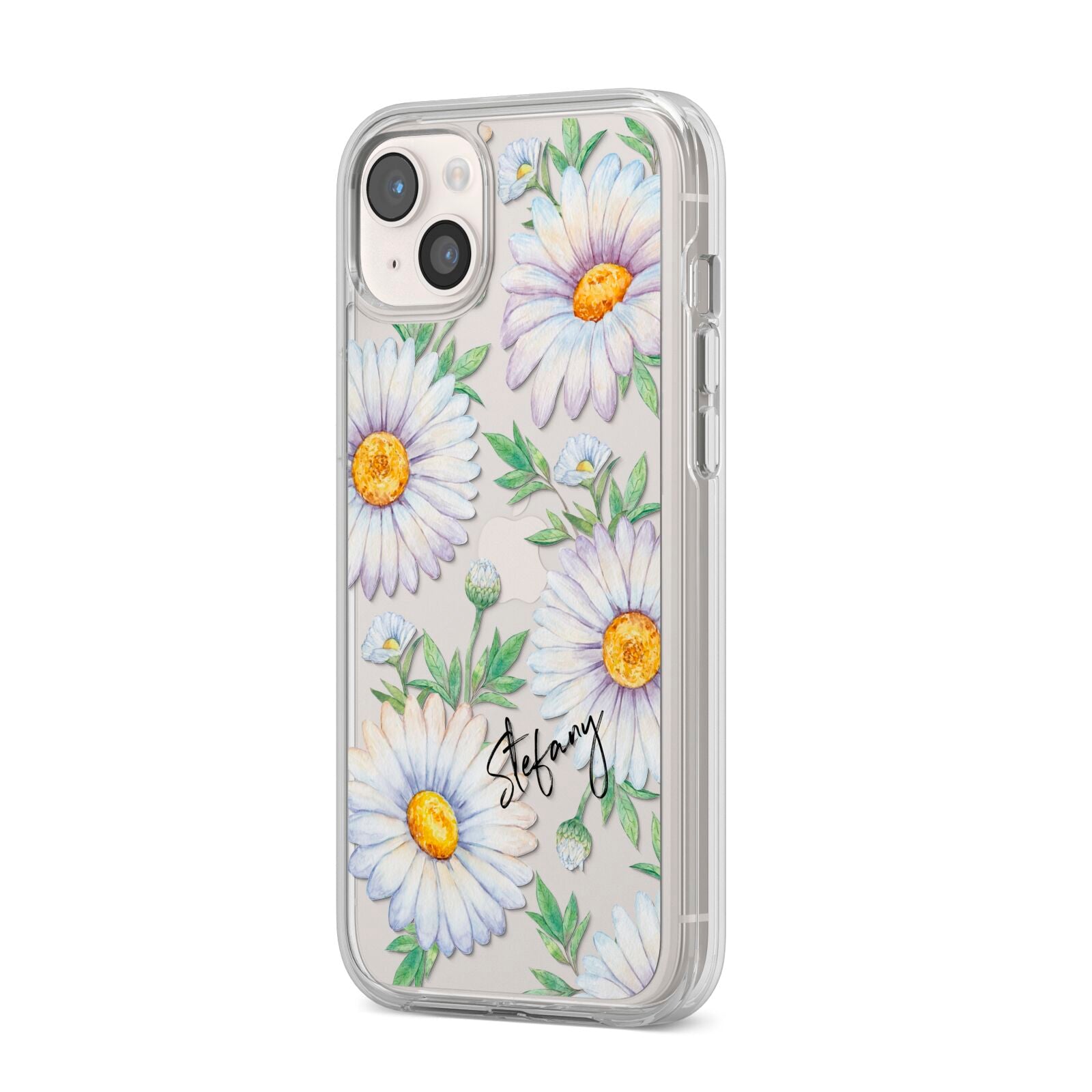 Personalised White Daisy iPhone 14 Plus Clear Tough Case Starlight Angled Image