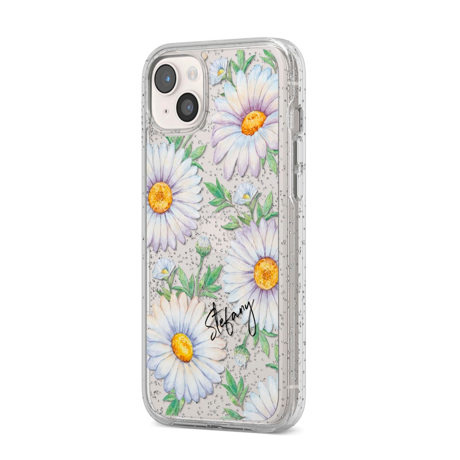 Personalised White Daisy iPhone 14 Plus Glitter Tough Case Starlight Angled Image