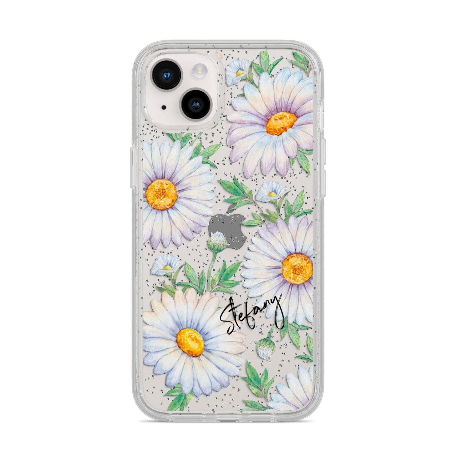 Personalised White Daisy iPhone 14 Plus Glitter Tough Case Starlight