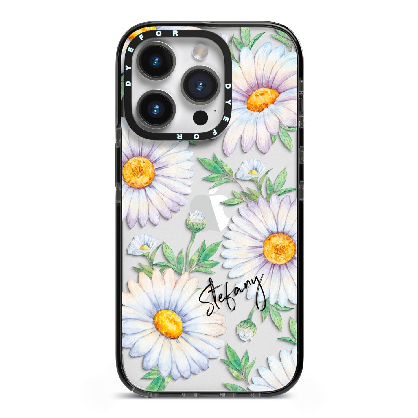 Personalised White Daisy iPhone 14 Pro Black Impact Case on Silver phone