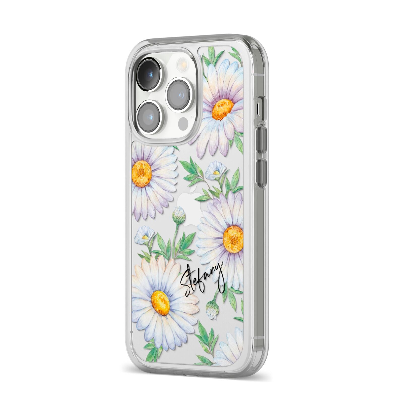 Personalised White Daisy iPhone 14 Pro Clear Tough Case Silver Angled Image
