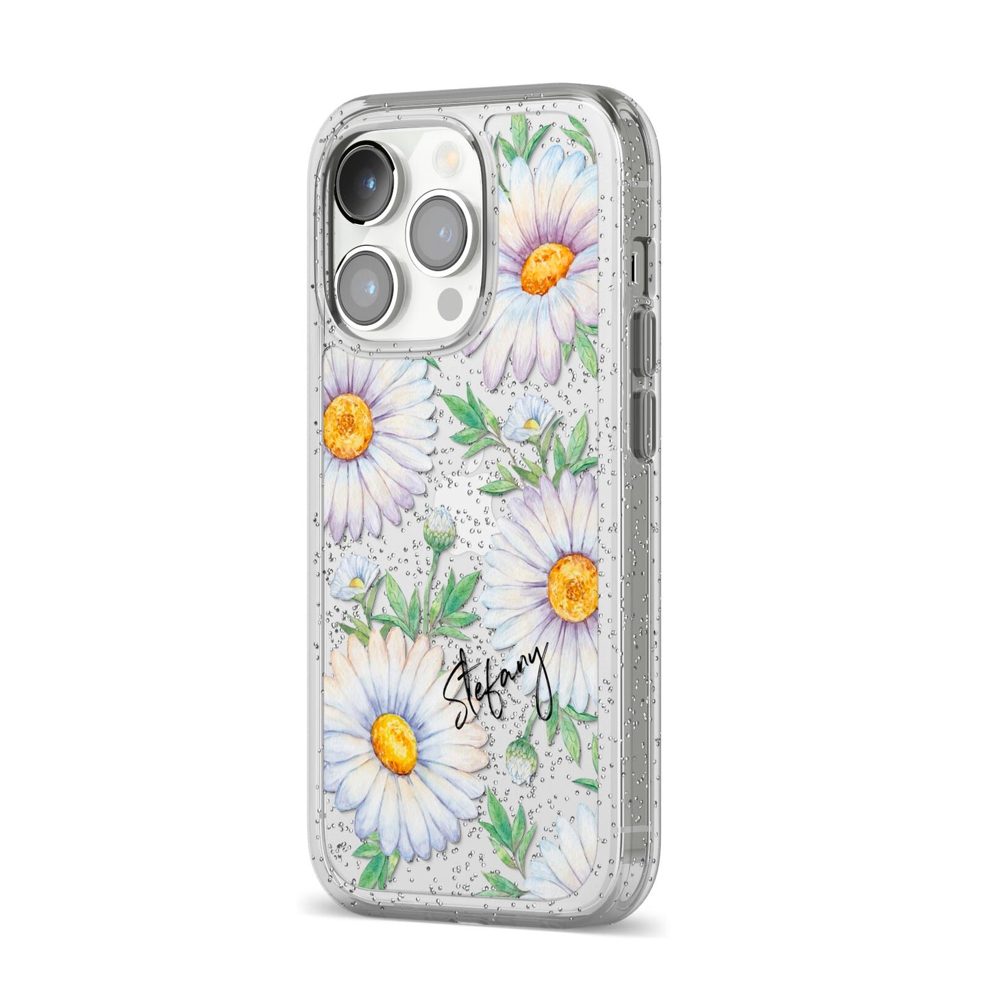 Personalised White Daisy iPhone 14 Pro Glitter Tough Case Silver Angled Image