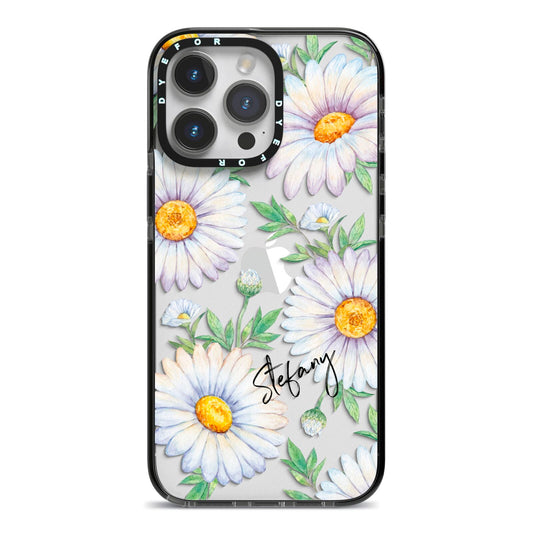 Personalised White Daisy iPhone 14 Pro Max Black Impact Case on Silver phone