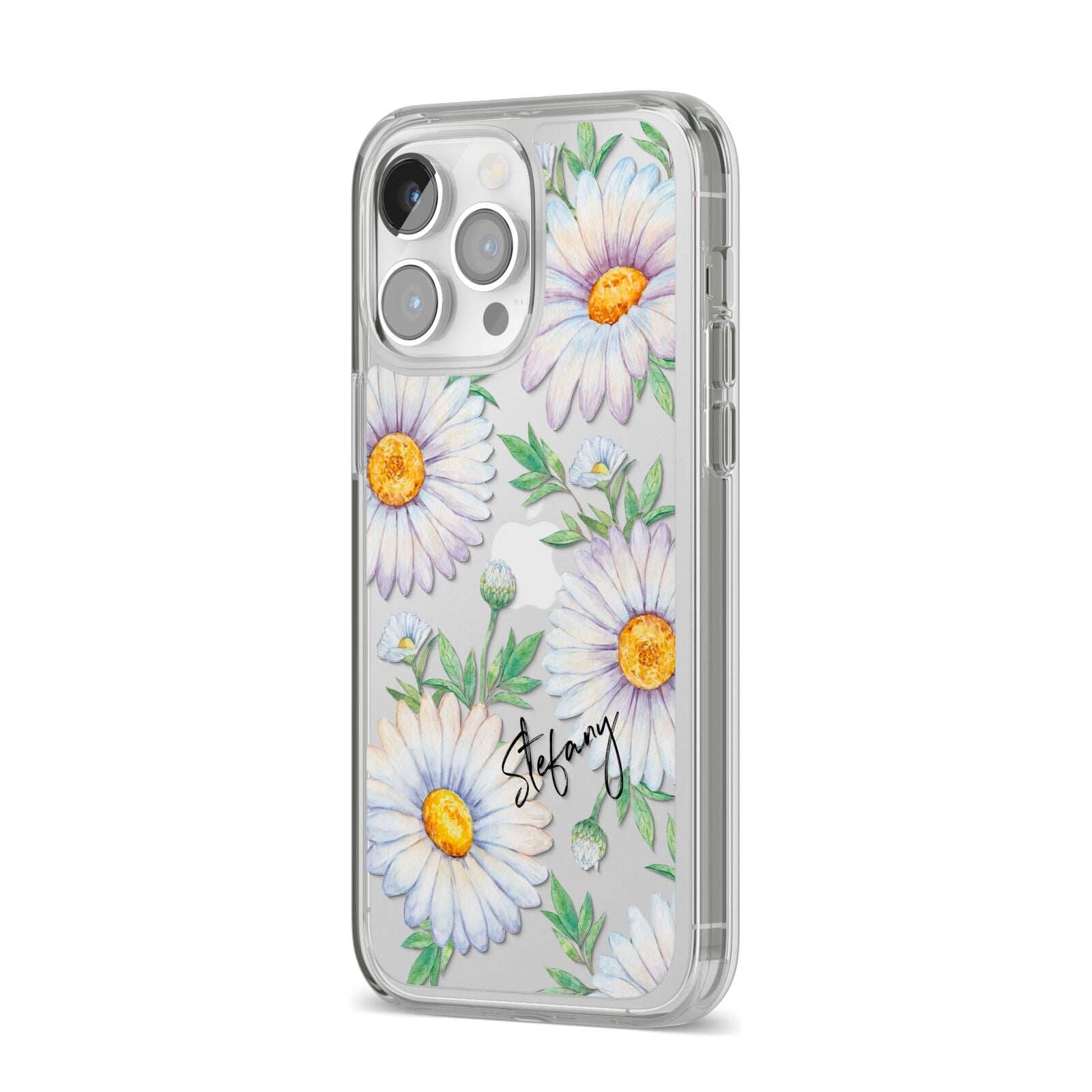 Personalised White Daisy iPhone 14 Pro Max Clear Tough Case Silver Angled Image