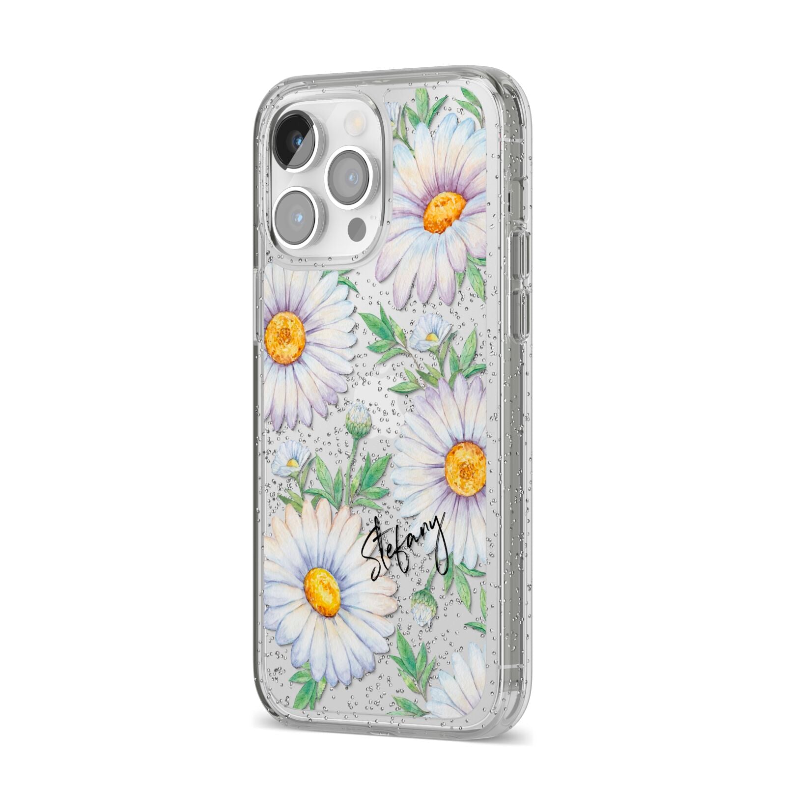 Personalised White Daisy iPhone 14 Pro Max Glitter Tough Case Silver Angled Image