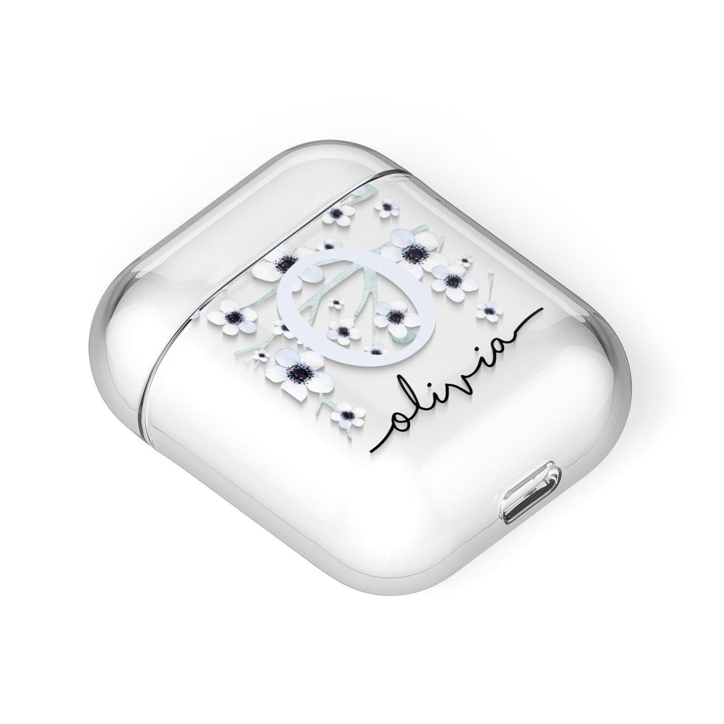 Personalised White Flower AirPods Case Laid Flat