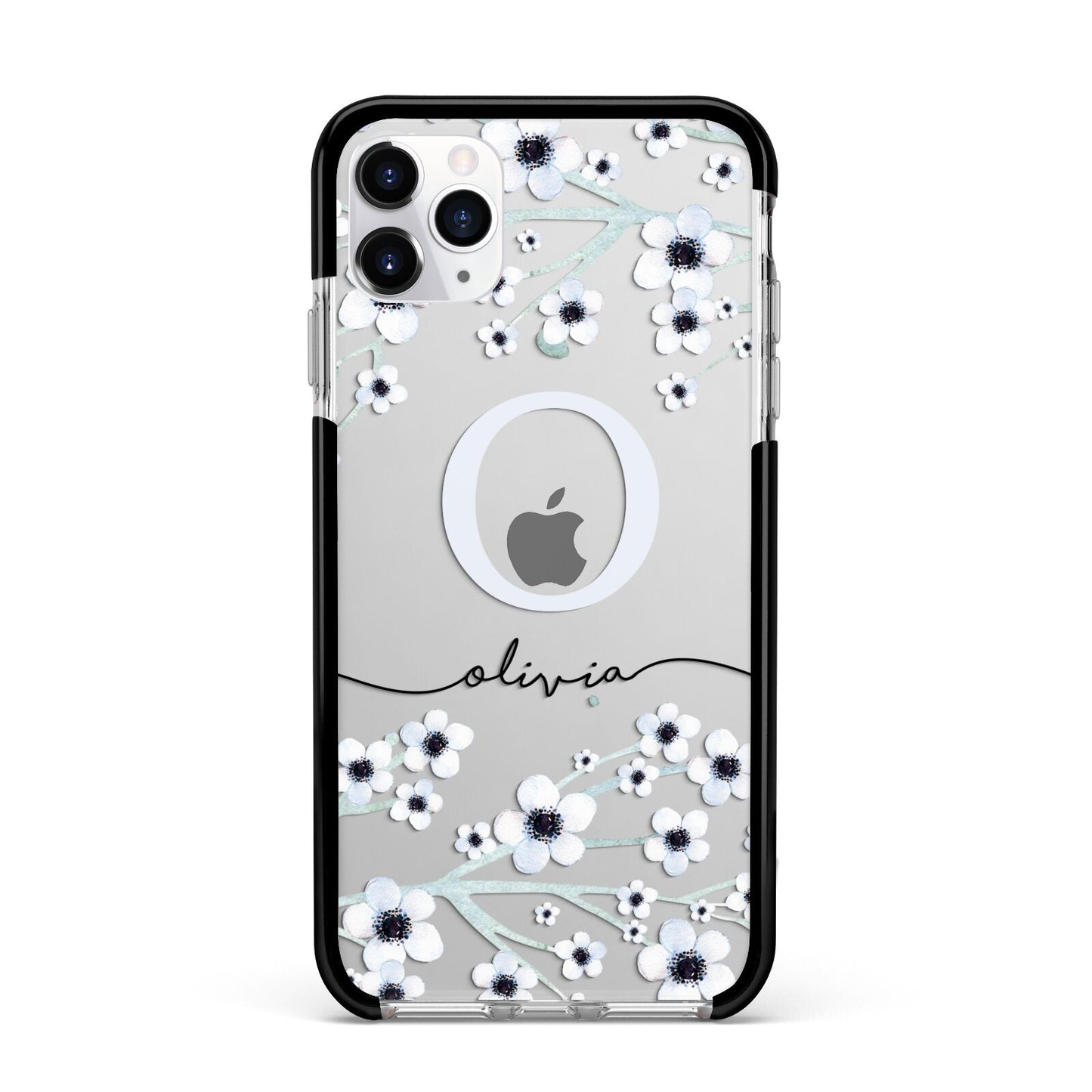Personalised White Flower Apple iPhone 11 Pro Max in Silver with Black Impact Case