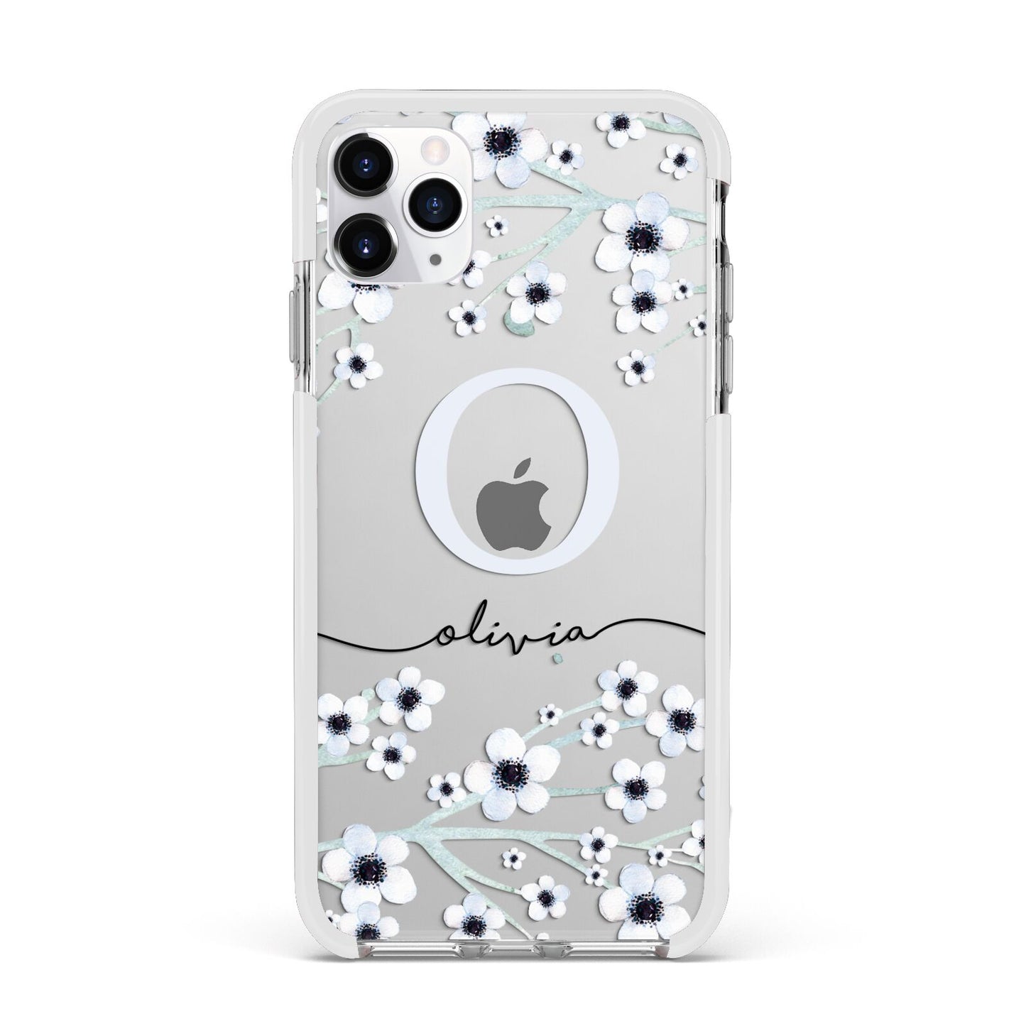 Personalised White Flower Apple iPhone 11 Pro Max in Silver with White Impact Case