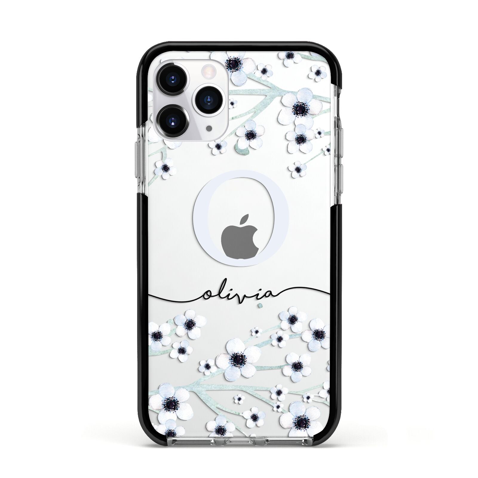 Personalised White Flower Apple iPhone 11 Pro in Silver with Black Impact Case
