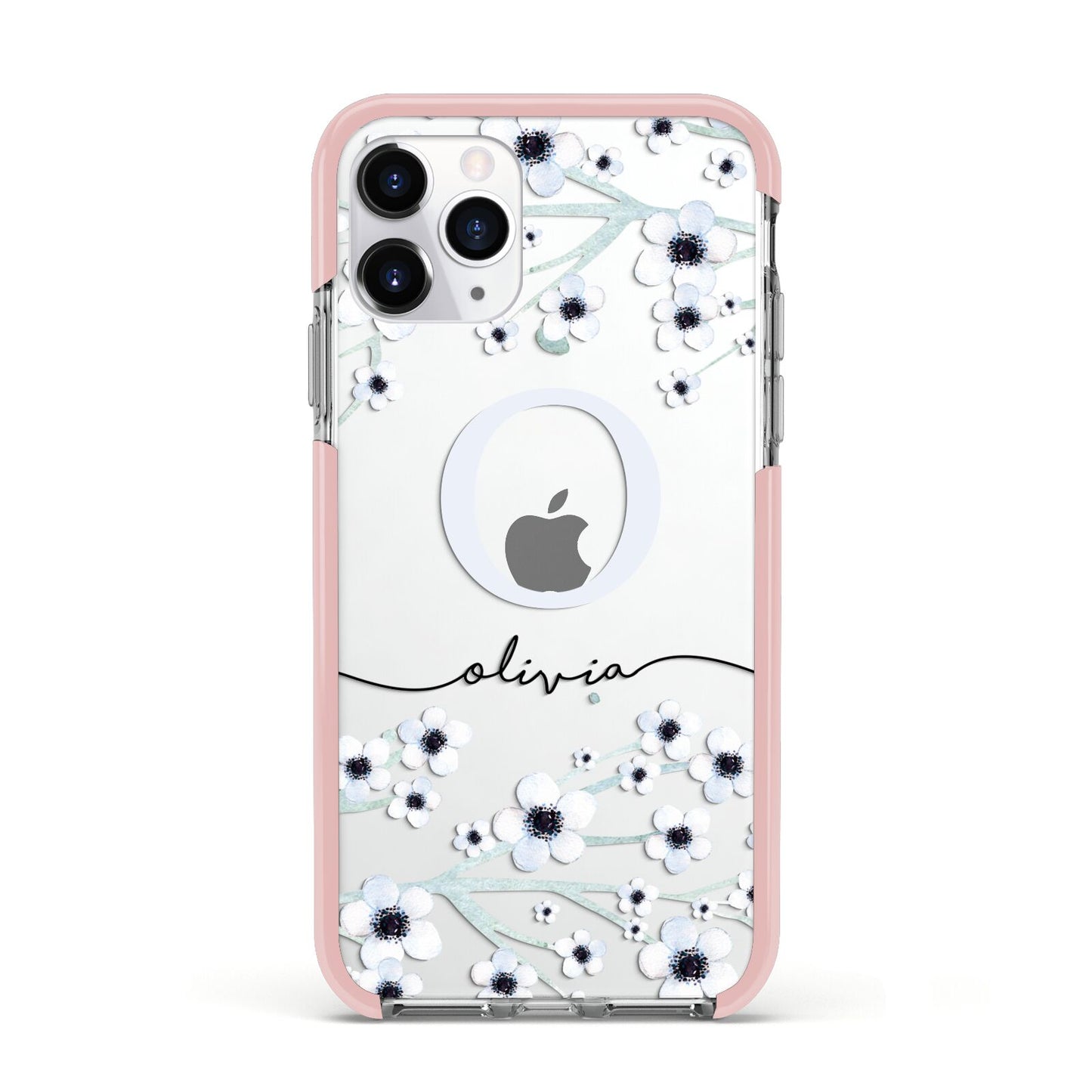 Personalised White Flower Apple iPhone 11 Pro in Silver with Pink Impact Case