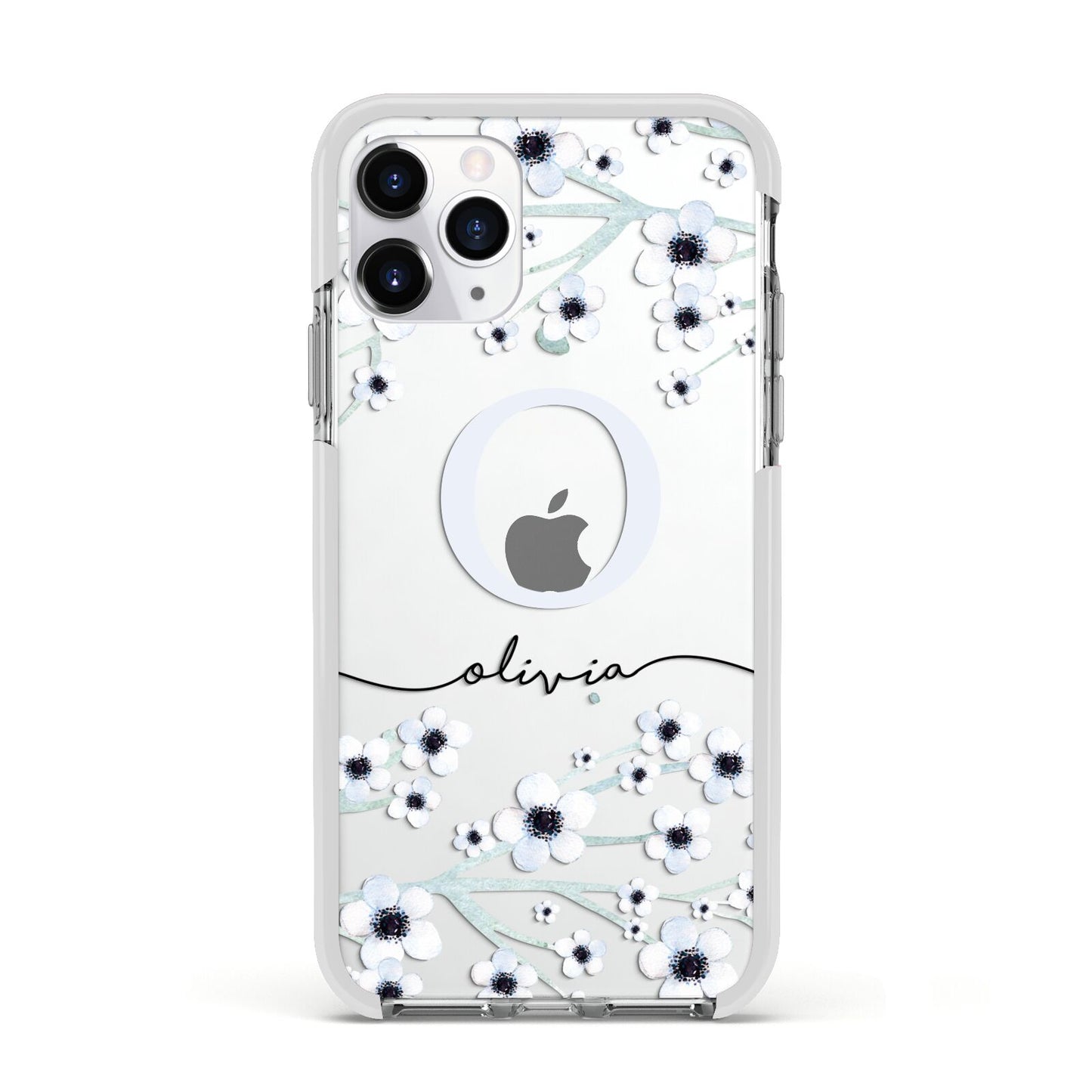 Personalised White Flower Apple iPhone 11 Pro in Silver with White Impact Case