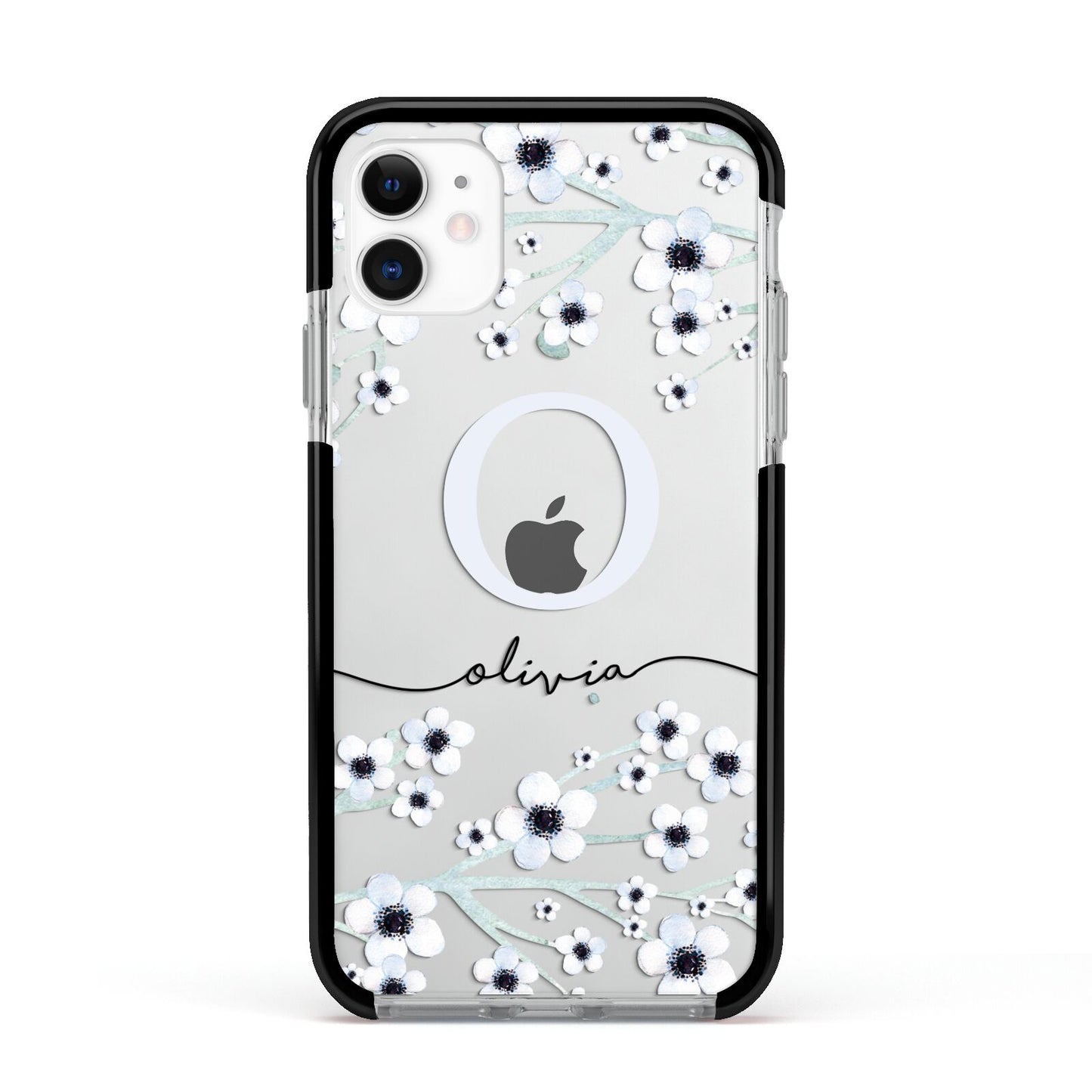 Personalised White Flower Apple iPhone 11 in White with Black Impact Case